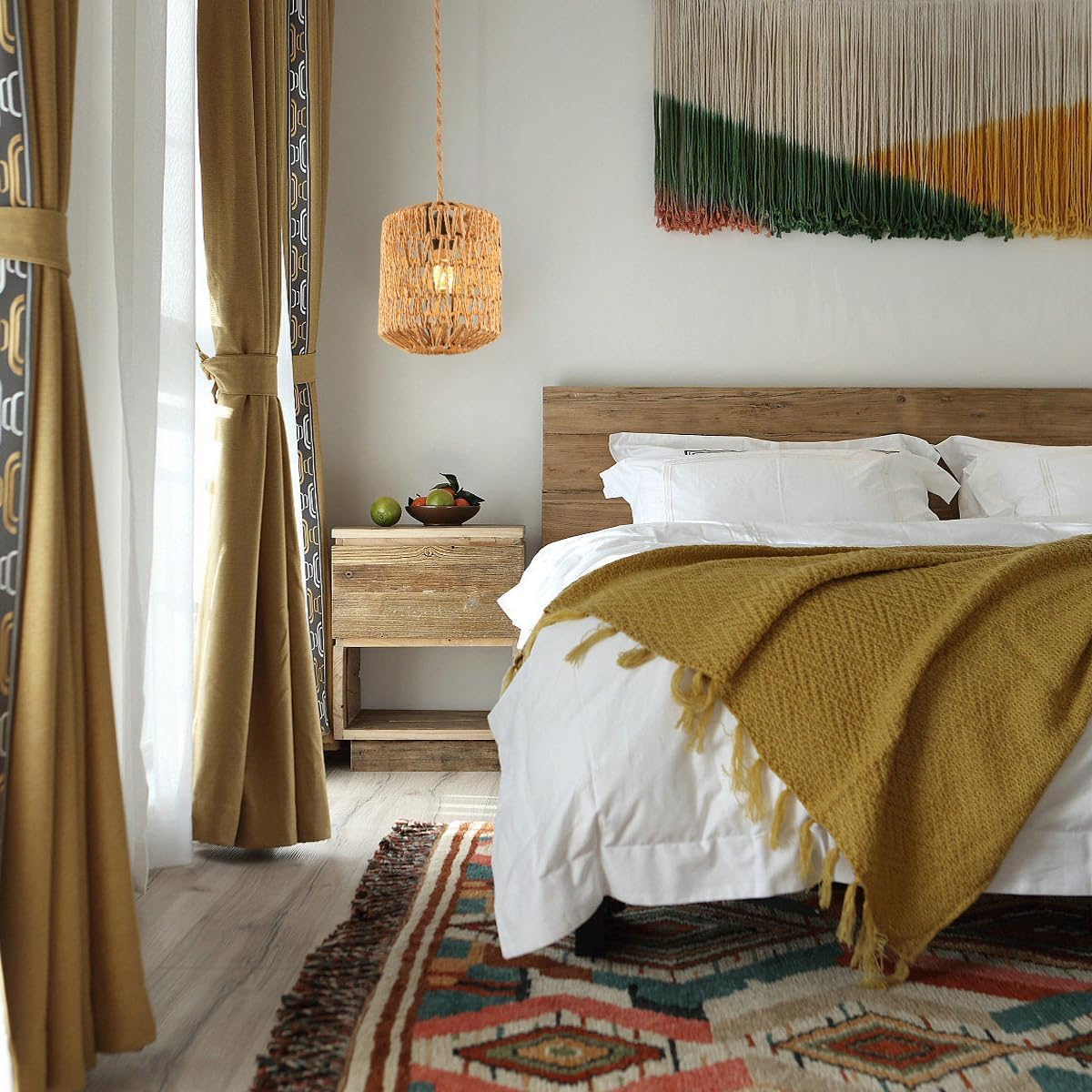 GOECO Lustre en Bambou Tressé - Forme Cylindrique 17.5x21cm, Douille E27, Sans Ampoule, Câble de Suspension 150cm - 4