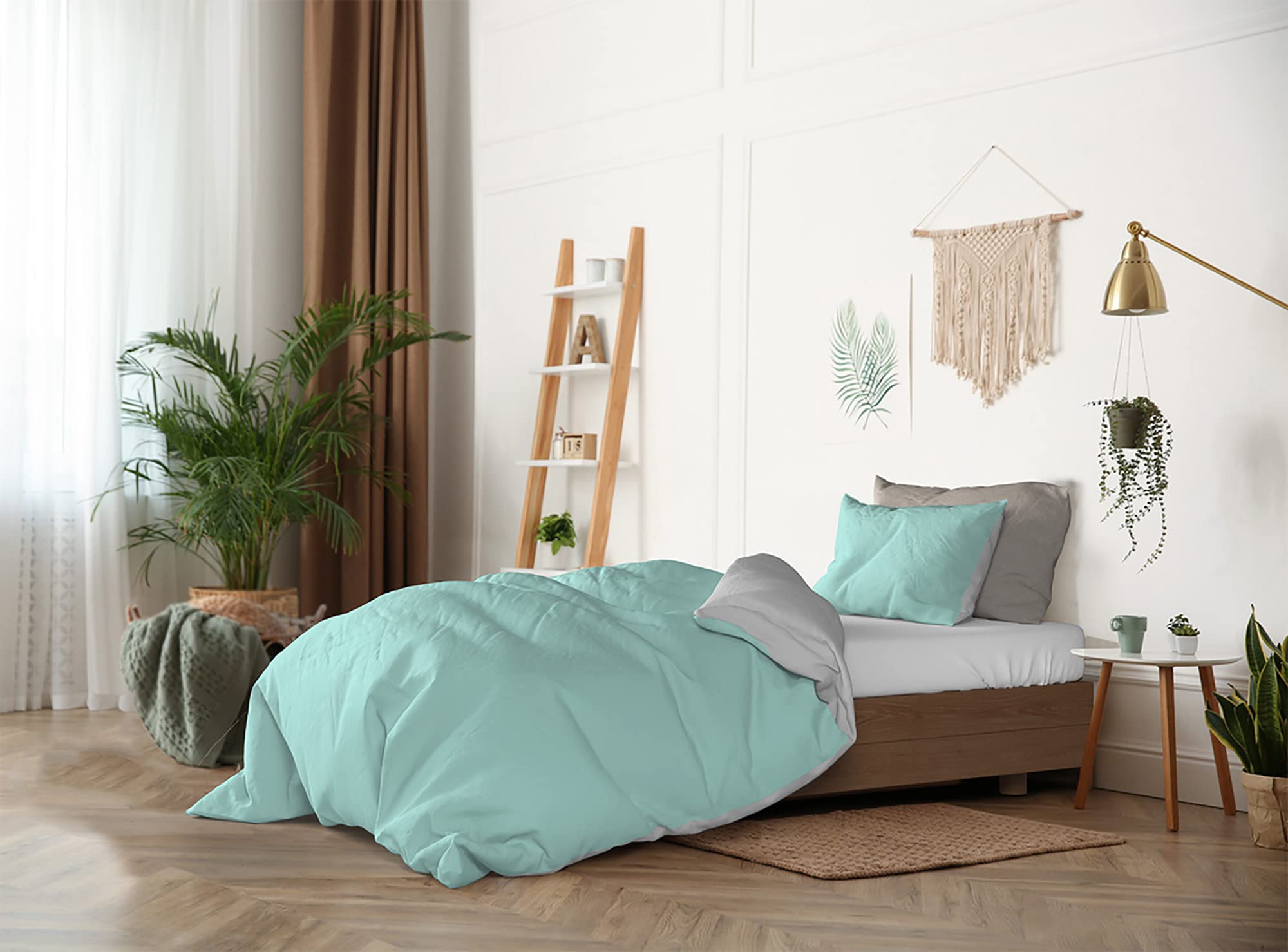 Italian Bed Linen Copripiumino Natural Color, Cotone, Verde Acqua/Grigio Chiaro, Piazza e Mezza - 2