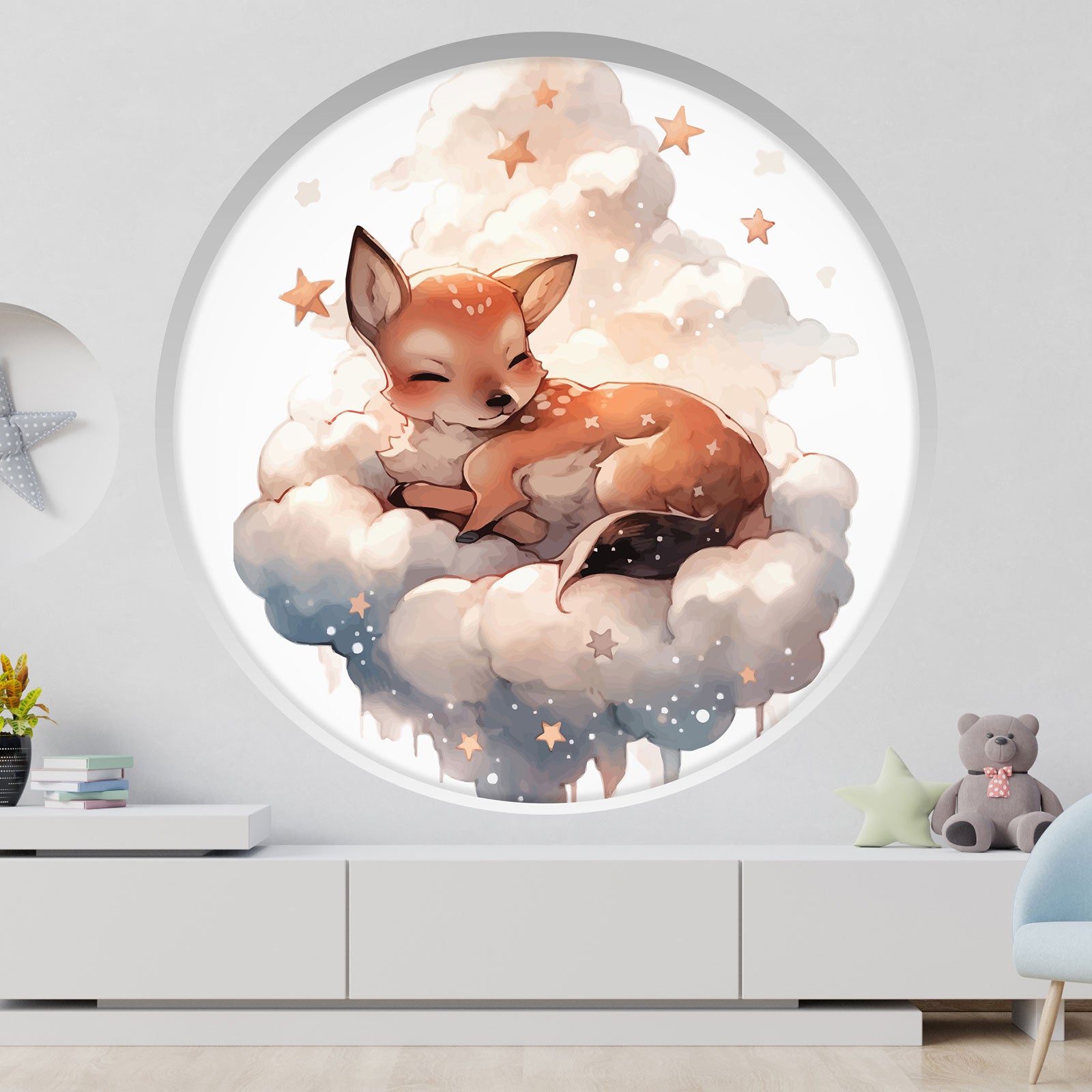 Stickers mural trompe l'oeil Arche rond enfants - Faon dans les nuages - Diamètre 40 cm - 2
