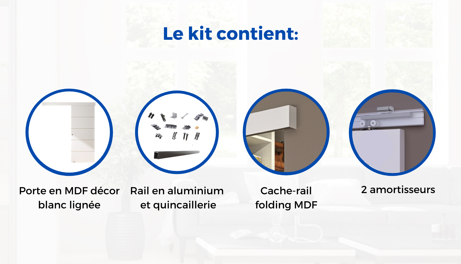 Kit porte coulissante 4 lignes - blanc lignée - + rail 2 amortisseurs + cache rail blanc - H 204 cm x L 83 cm - 3