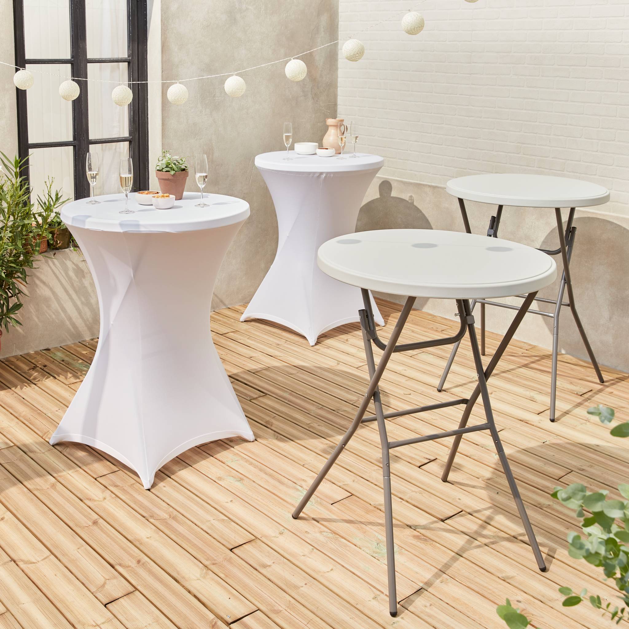 Lot de 2 tables hautes de réception – GALA – Mange debout. pliables. Ø80cm x 110cm + 2 housses en polyester. blanches - 2