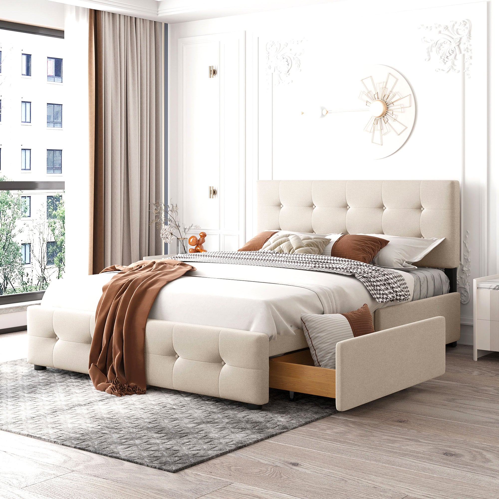 Łóżko z regulowanym zagłówkiem i 4 szufladami - 140 x 200 cm - tkanina welurowa - stelaż z listew - beżowe