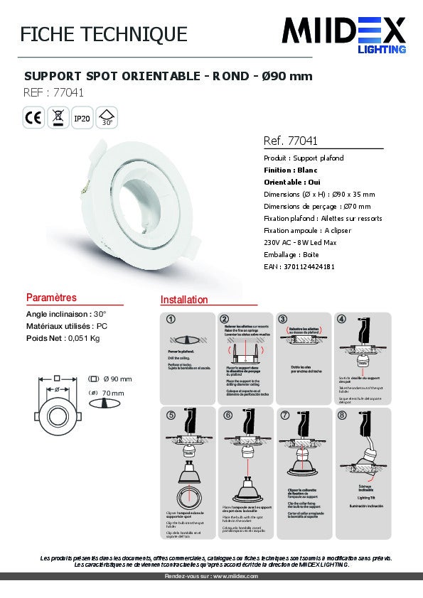 Support plafond rond - Orientable 45° - Blanc - Ø90mm - PC & Aluminium - 8