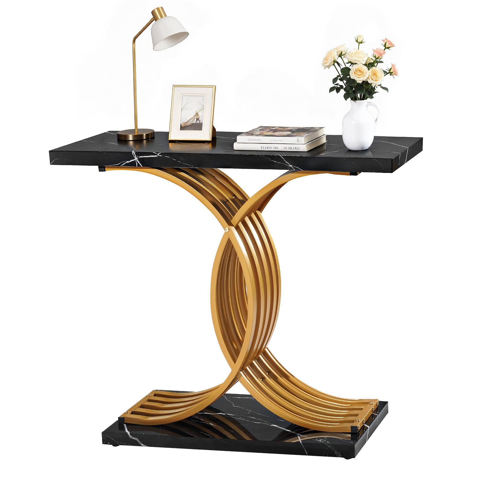 Nowoczesny stolik konsolowy czarno złoty 100x30x81 cm wąski stolik wejściowy metalowa rama do salonu