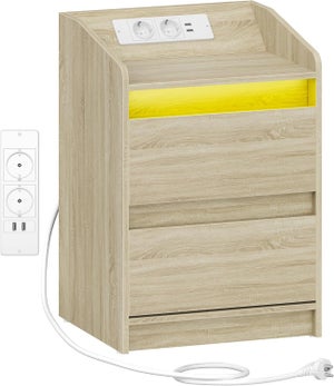 Vlsrka LED Comodino con stazione di ricarica, comodino con luce a 3 colori, comodini intelligenti con presa, comodini con 2 cassetti, tavolino moderno per camera da letto, soggiorno, Bianco
