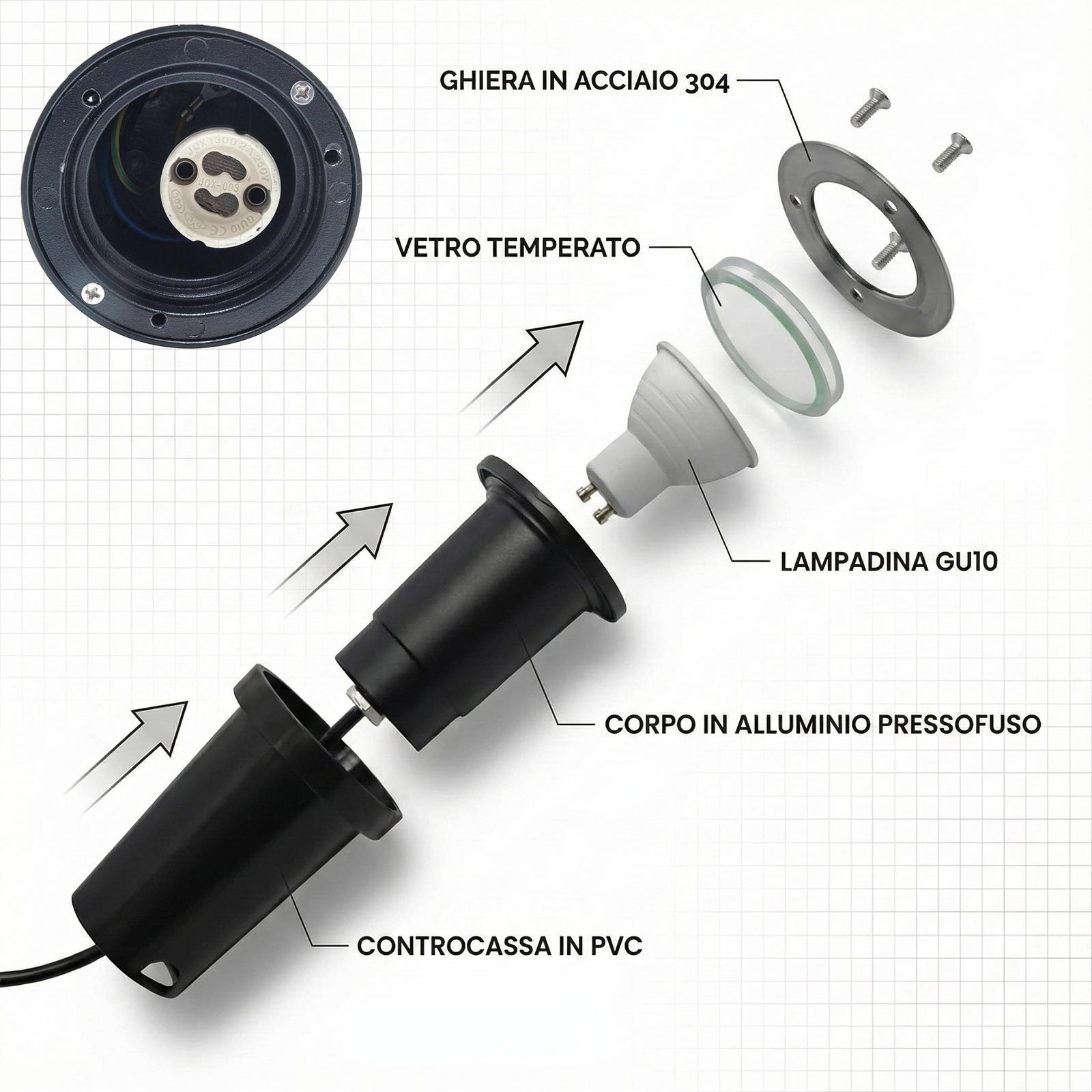 Faretto calpestabile incasso acciaio 304 impermeabile IP67 LED GU10 segnapassi luce giardino facciate piante 230V - 7