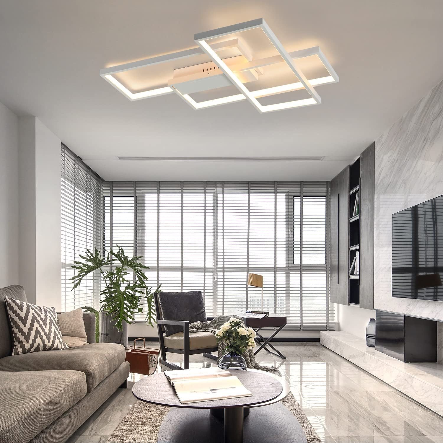 Nettlife Lampe LED Plafonnier Salon - 65 cm, moderne, dimmable avec télécommande, 65 W, chambre, cuisine, salle à manger, blanc - 9