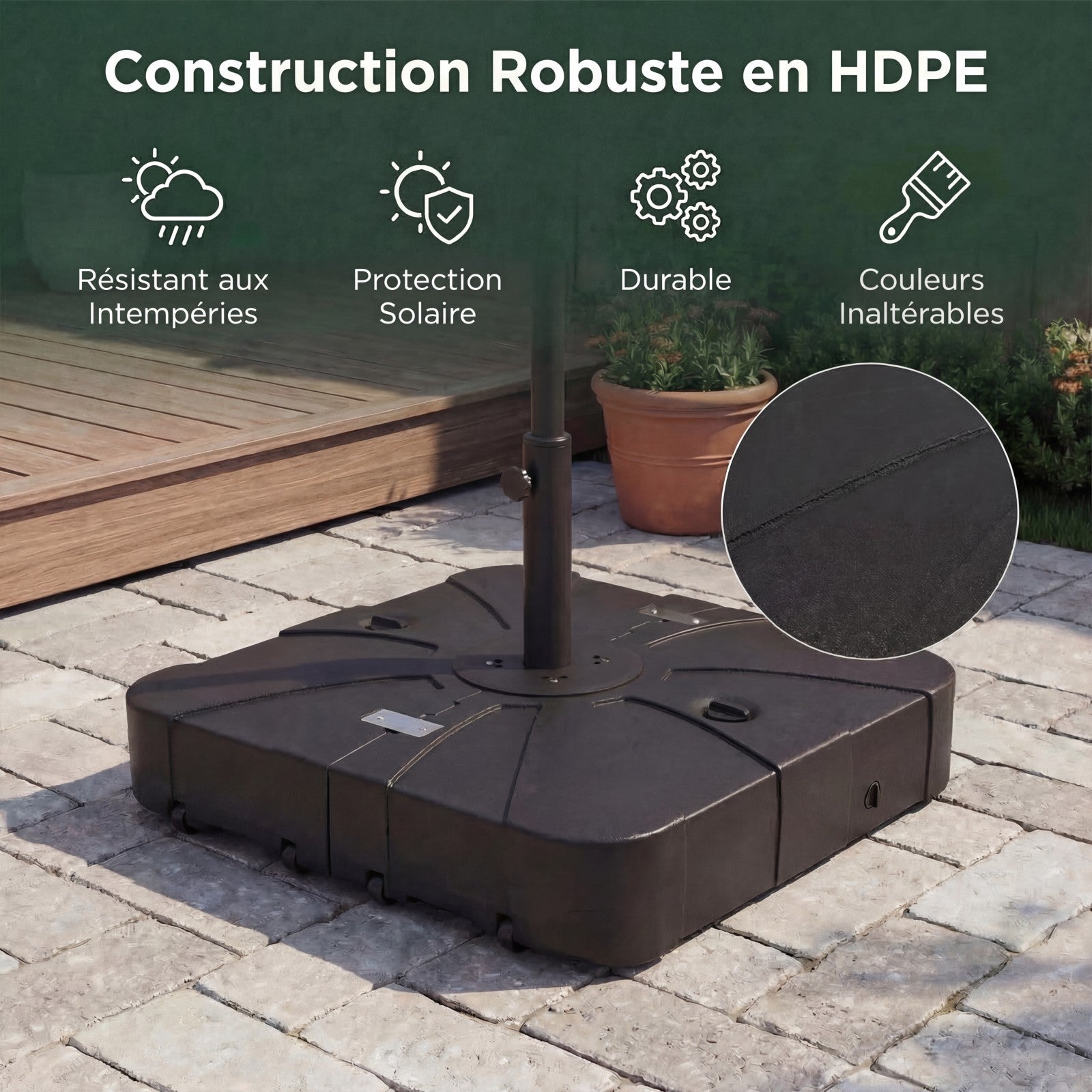 Pied de Parasol Déporté avec roulettes, Base de Parasol en HDPE Portable, Remplissable Eau & Sable 170 KG pour Jardin Terrasse Patio, Noir 88x88x20cm - 4