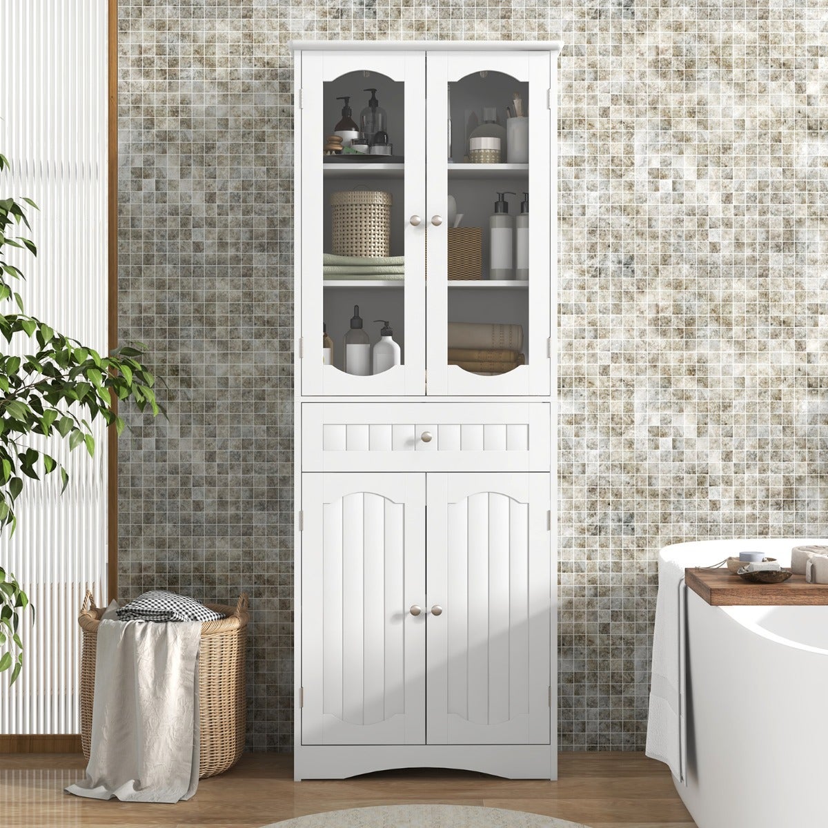 Armario alto de baño 160cm con puertas de cristal templado estantes ajustables y cajón blanco
