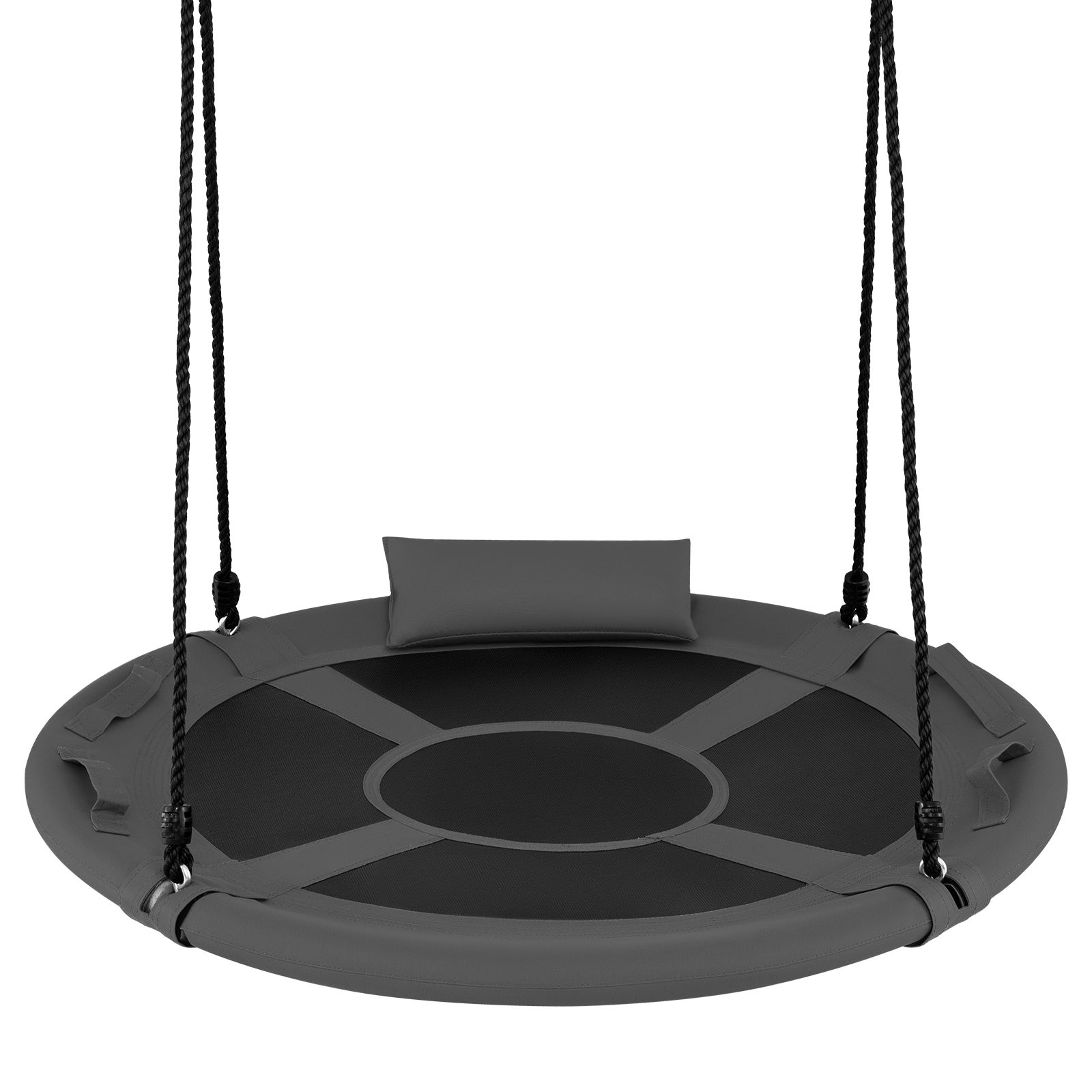 Balançoire Nid d'Oiseau Ronde 100 CM, avec Poignée, Oreiller, Cadre Métallique Rembourré, Cordes Réglables en Hauteur, pour Intérieur/Extérieur, Gris - 2