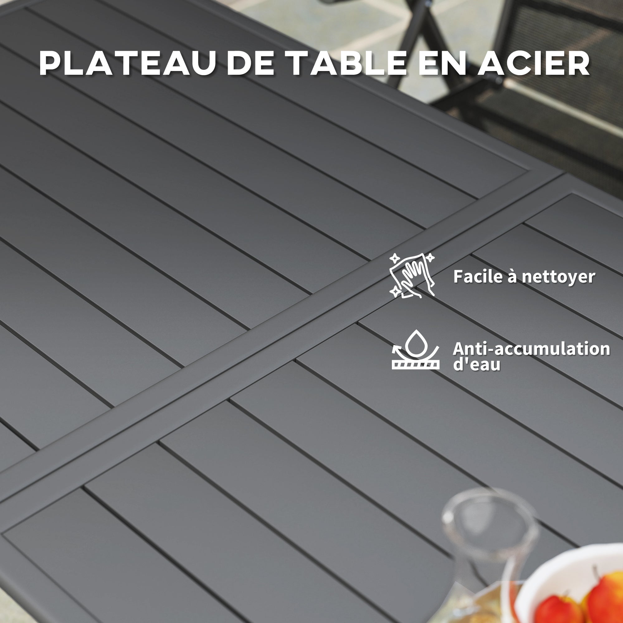Table de jardin 6 personnes avec plateau à lattes, idéale pour jardin, patio ou terrasse. Dimensions : 150 x 80 x 74 cm, grise. - 8