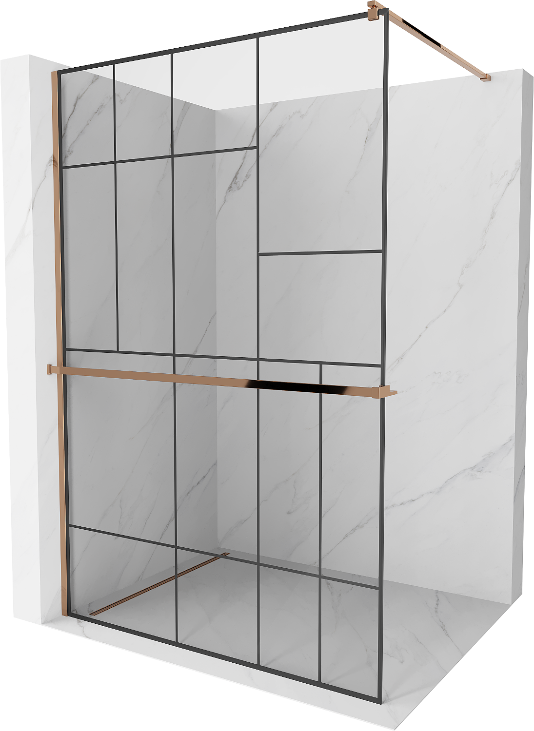 Mexen Kioto+ ścianka prysznicowa z półką Walk-in 120 x 200 cm, czarny wzór, różowe złoto - 800-120-121-60-78