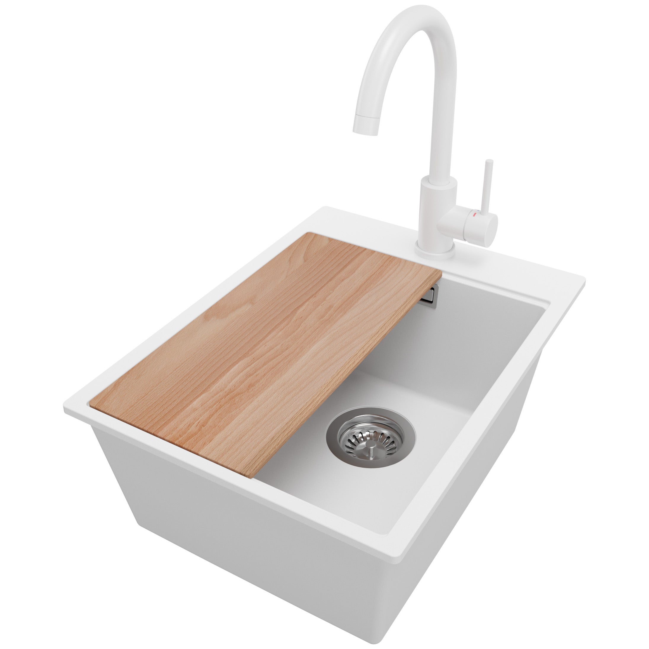 Zlewozmywak Granitowy Biały 38x50cm, Zlew Kuchenny 1 Komorowy + Bateria 32x20cm + Syfon + Deska, Nablatowy do szafki od 40cm - Oslo PRIMAGRAN