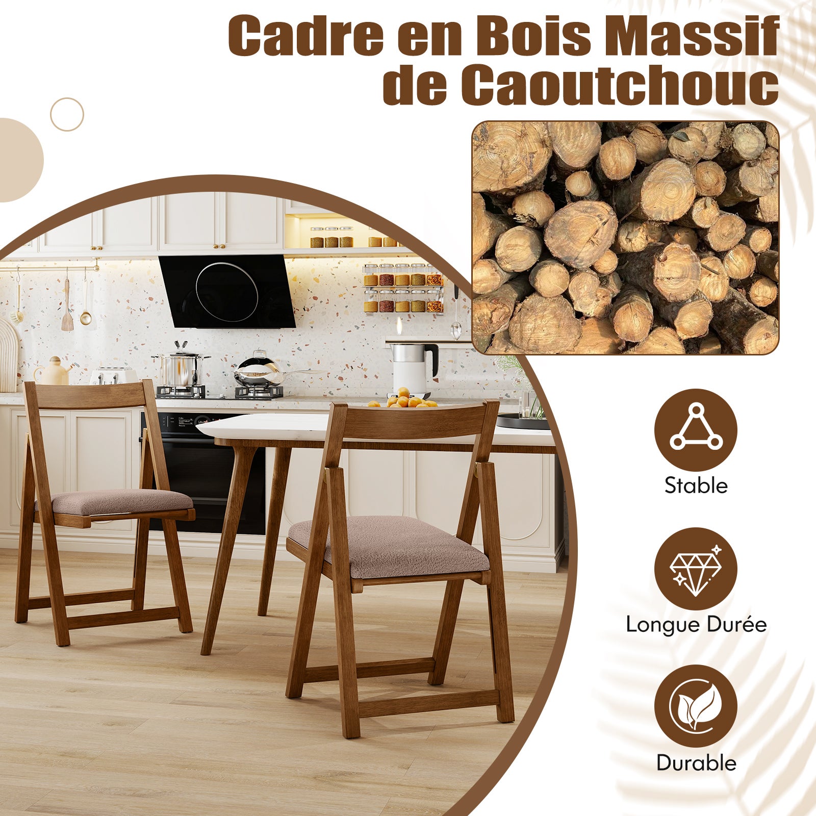 Lot de 2 Chaise Pliante avec Dossier Courbé, Chaises de Salle à Manger Rembourrées, Structure en Bois de Caoutchouc, pour Salon, Charge 150 kg, Café - 6