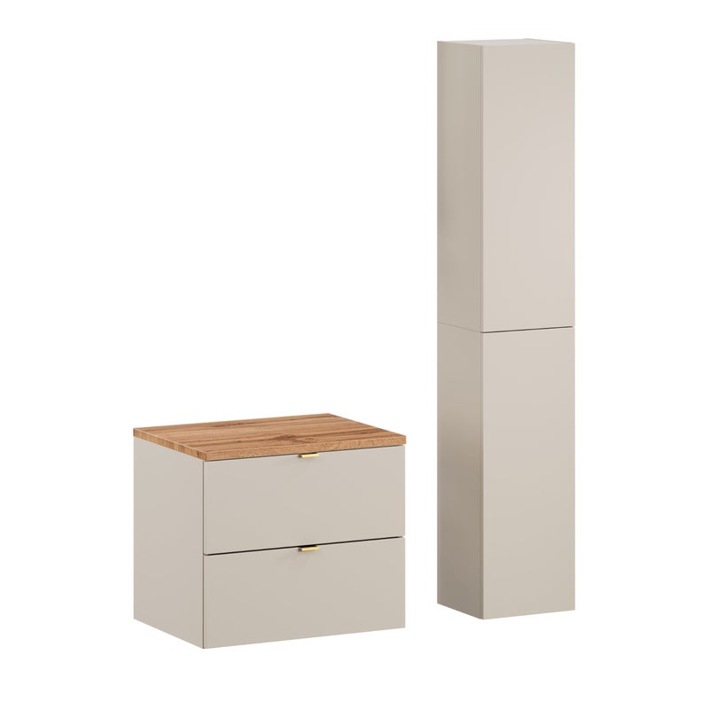 Szafka łazienkowa DALIA CASHMERE 60 cm kaszmir z blatem dąb wotan i 2 słupki