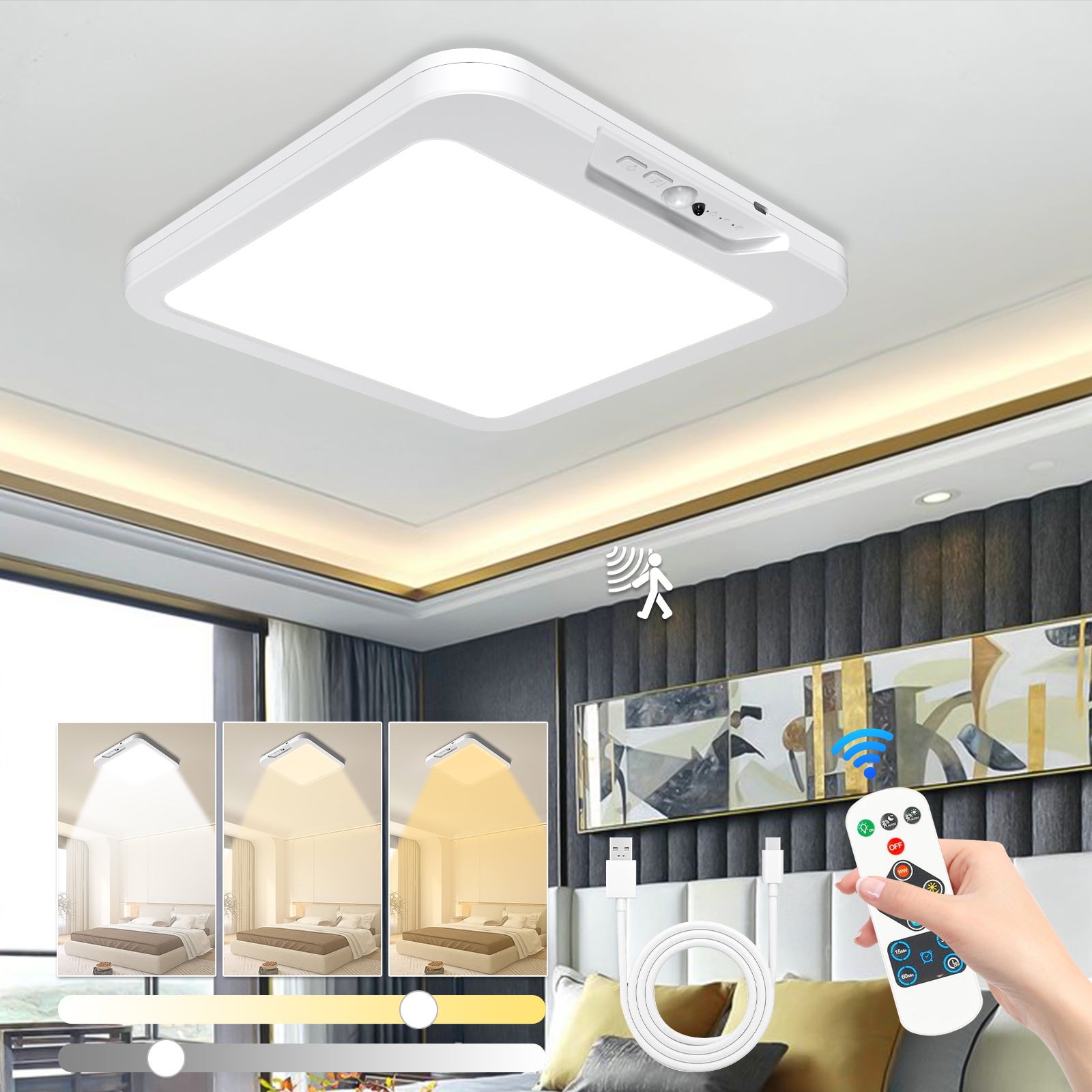 Lampa z czujnikiem ruchu, akumulatorowa, bezprzewodowa lampa sufitowa, magnetyczne oświetlenie LED do szafy z pilotem 3 temperatury barwowe