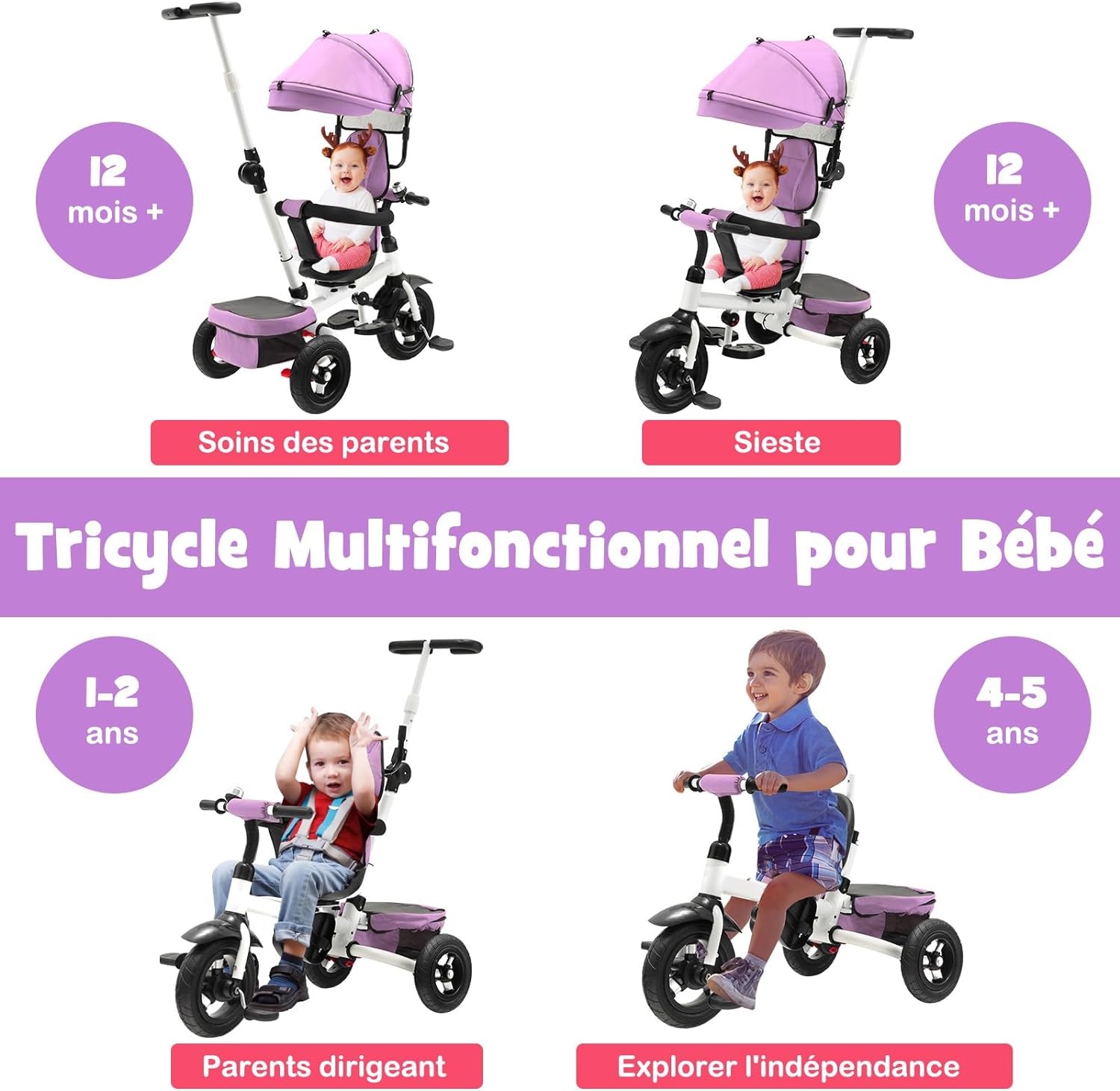 Tricycle Évolutif 4 En 1 Bébé 1-5 Ans - Pliable Avec Auvent Réglable - Draisienne Et Pédales Amovibles - Sécurité Harnais 5 Points