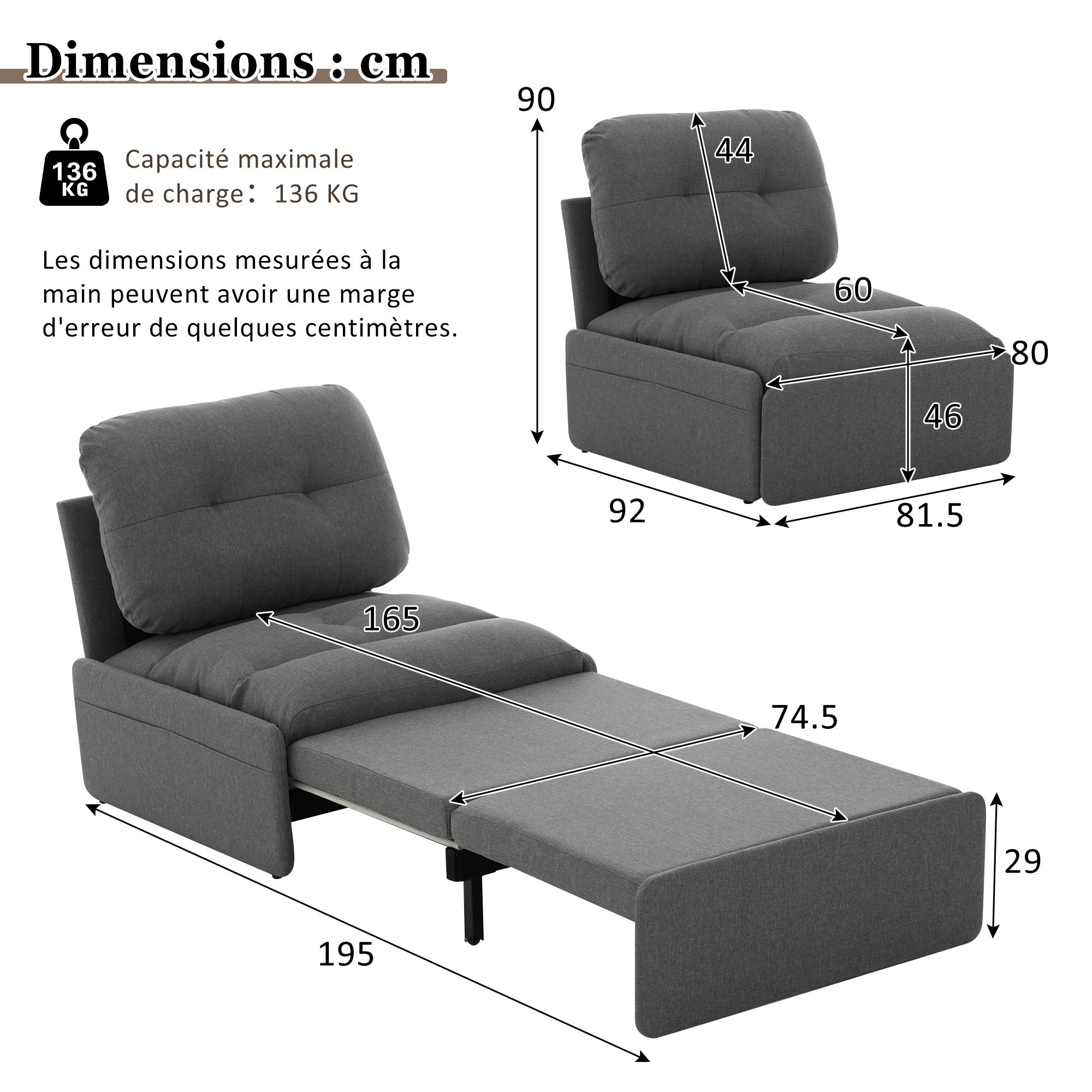 Sofa 2 w 1 z łóżkiem lnianym i metalowymi nogami – 81,5 x 92/195 x 90 cm – kieszenie do przechowywania – szara - 4