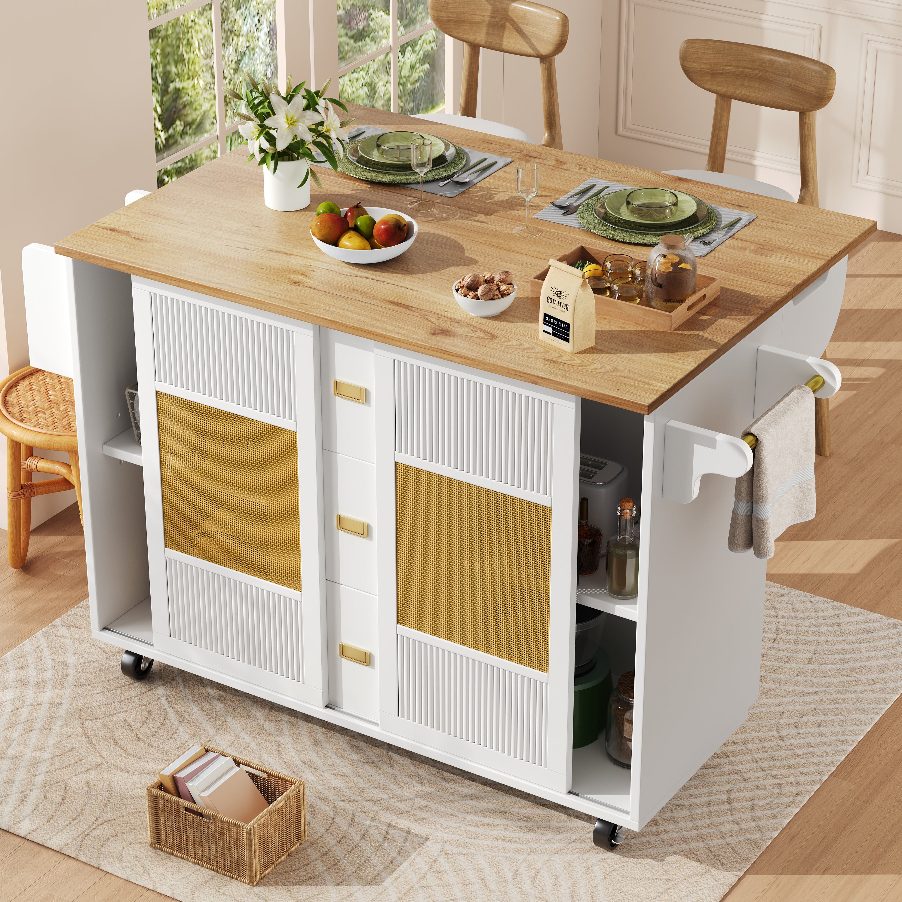 Îlot De Cuisine Multifonction Avec Plan De Travail, Rangement Flexible Et Porte Serviettes Lateral Bois Naturel Bleu 102x45x92 Cm