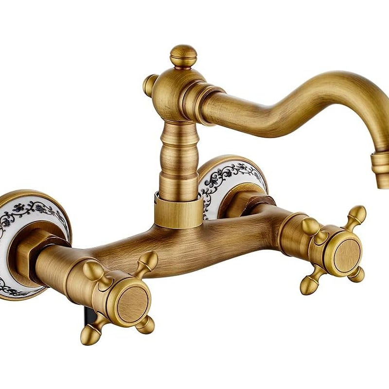 Bateria kuchenna ścienna w stylu vintage - obrotowy kran z ciepłą i zimną wodą 360° - bateria wannowa ceramiczna w kolorze brązowym