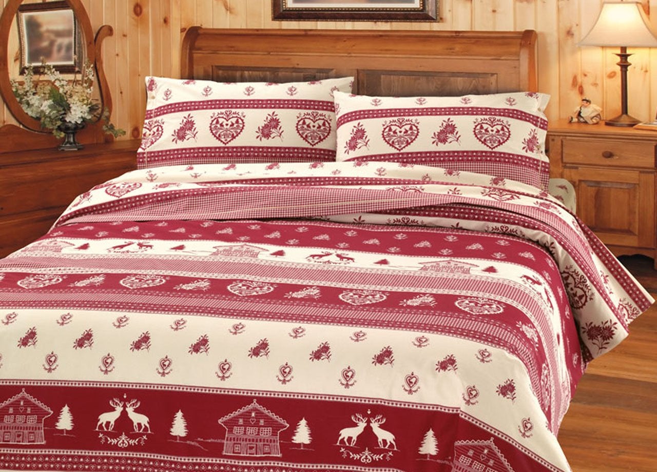 Copripiumino Matrimoniale 100% Cotone Tirolese, Sacchetto 250x200 Cm + 2 Federe 50x80, Fantasia Chalet Montagna