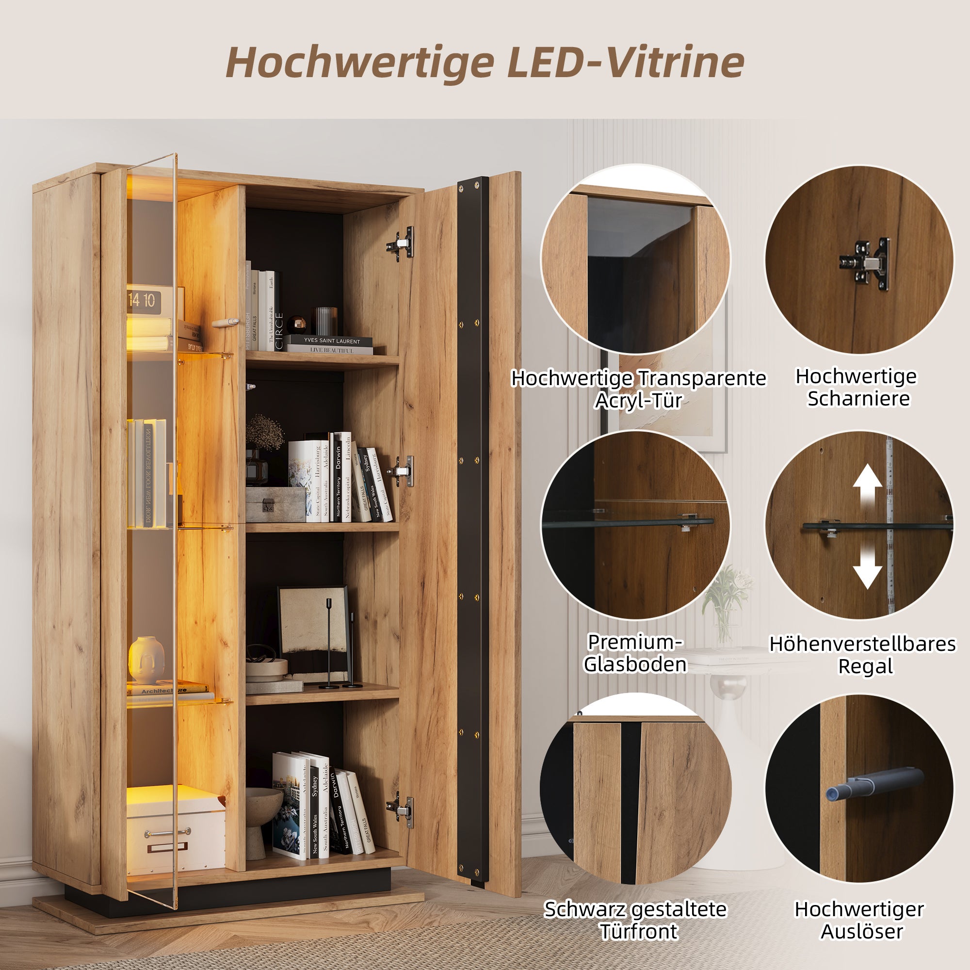 Vitrine avec 2 portes et 8 étagères - 80 x 35 x 160 cm - LEDs - Panneau de particules et acrylique - Naturel - 6