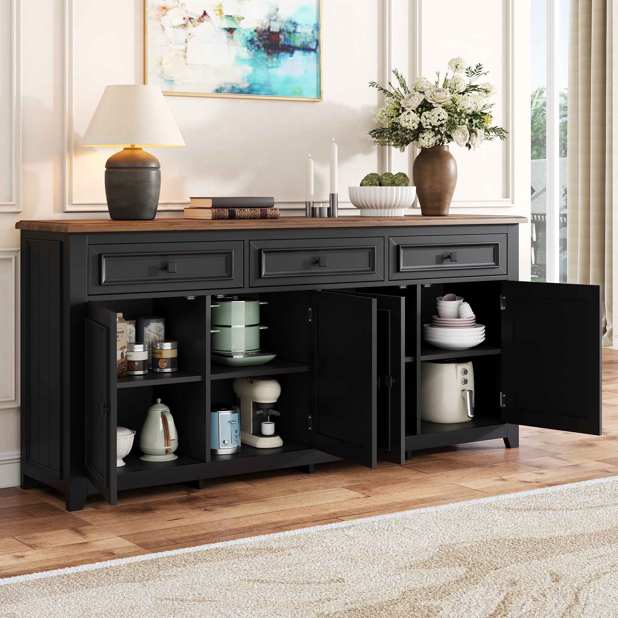Nowoczesna komoda z 3 drzwiami i 2 szufladami - 160 x 35 x 76 cm - MDF - do salonu, kuchni - czarna - 4