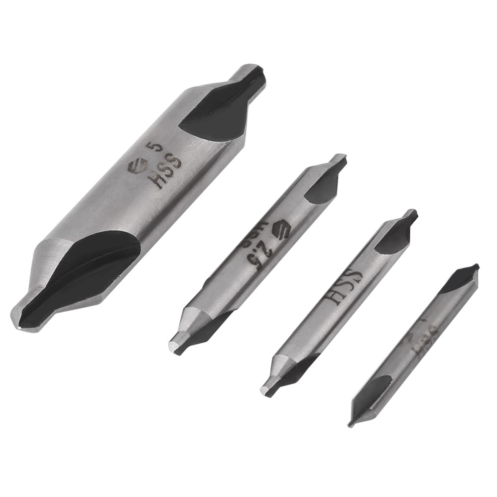 Wiertła centrujące 60 stopni 1/2/2,5/5 mm, zestaw 4 precyzyjnych wierteł centrujących, stal do żelaza