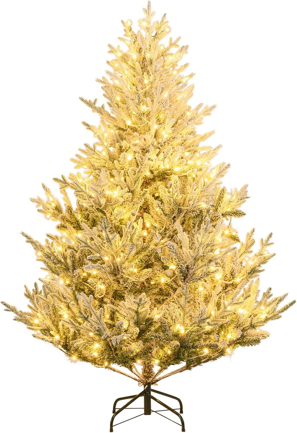 Sztuczna Choinka Bożonarodzeniowa 120 cm, Cienka i Pokryta Śniegiem, 225 Gałęzi z PVC, 100 Lampek LED, 2 Kolory i 11 Trybów Świecenia, Timer