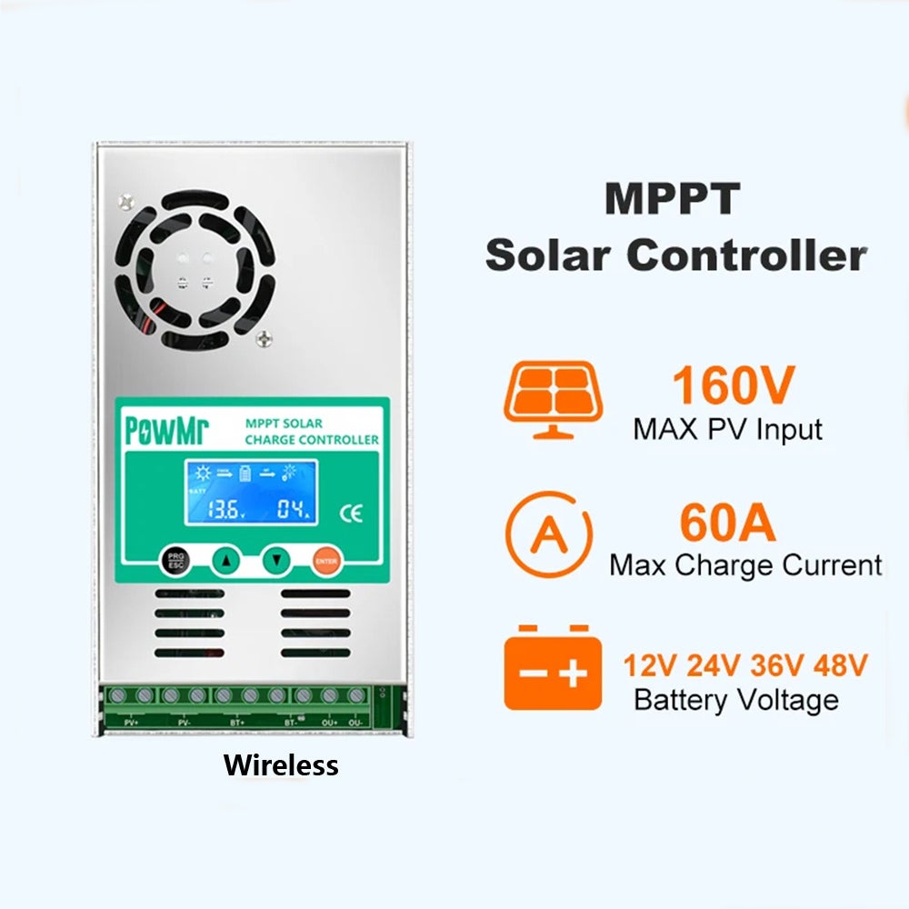 Bextcok Controlador de Carga Solar PowMr MPPT — 60 Amperes, Detecção Automática 48V/36V/24V/12V — Entrada Máxima de 160V CC, com LCD Retroiluminado - 5