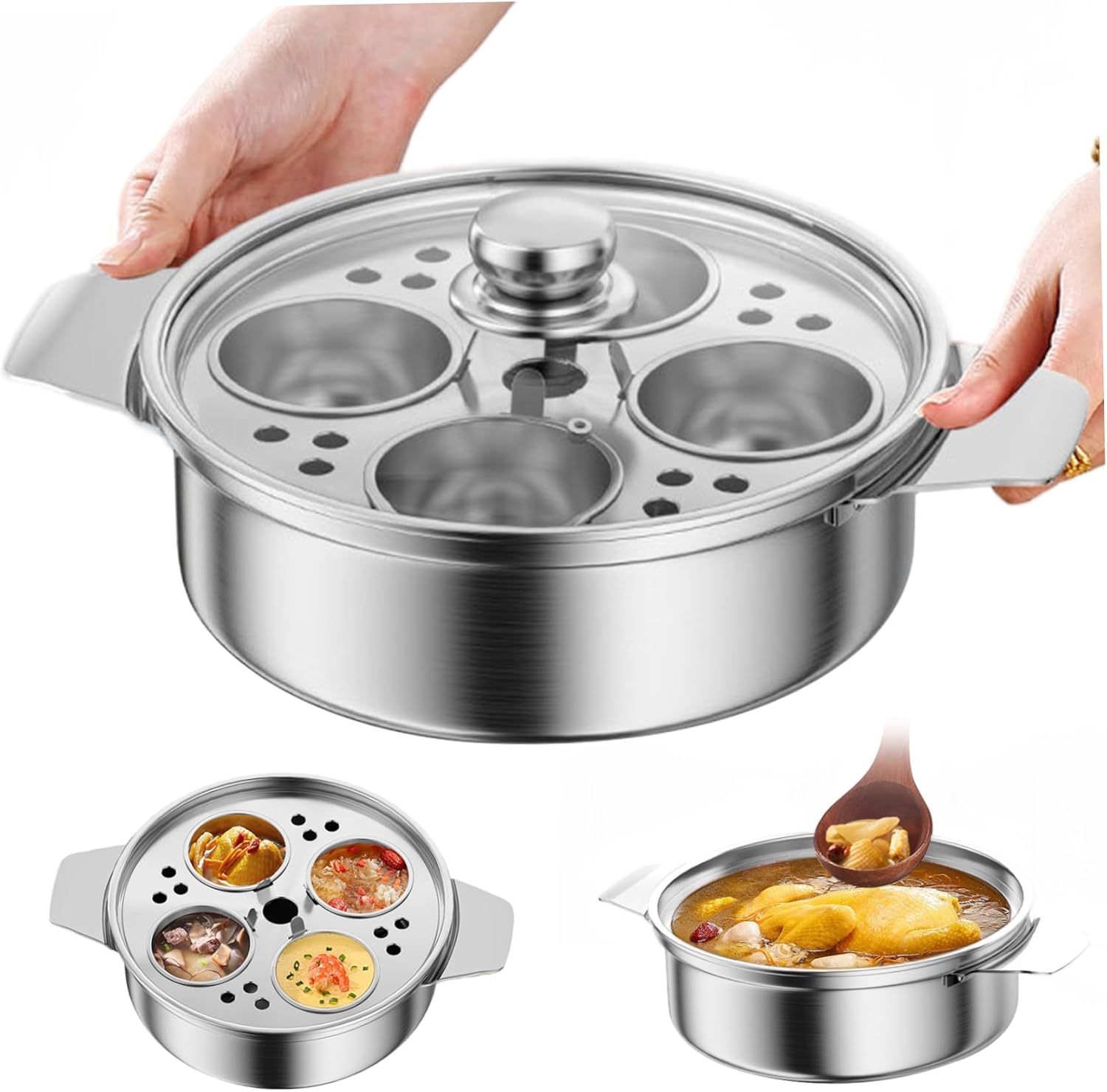 Stalowy garnek do gotowania jajek w koszulkach z 4 kubkami, uniwersalny, nieprzywierający garnek do kuchenek z uchwytem do garnków i patelni