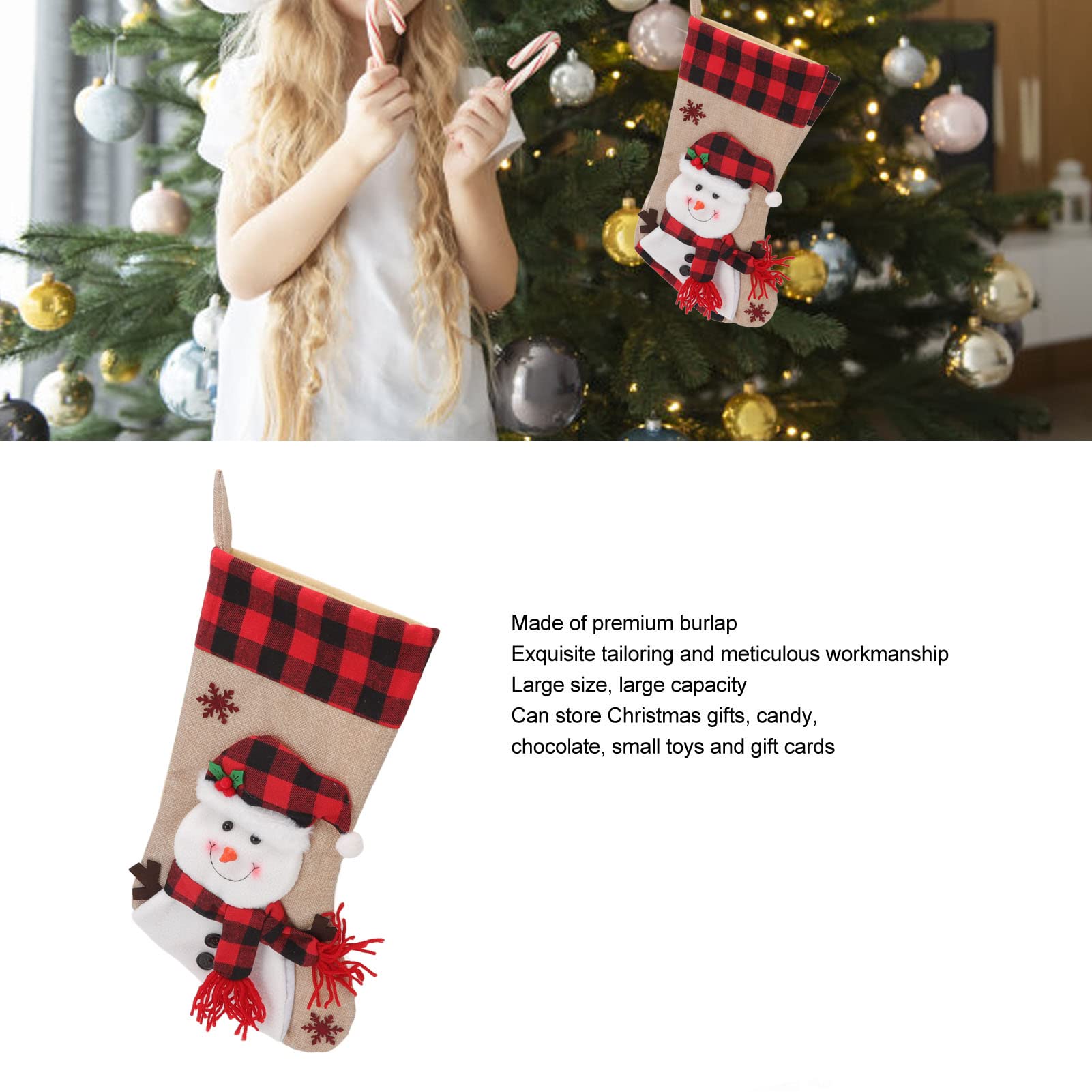 Decoração de Natal, Meia de Natal Xadrez Vermelha Padrão 3D Pendurado Natal - 5