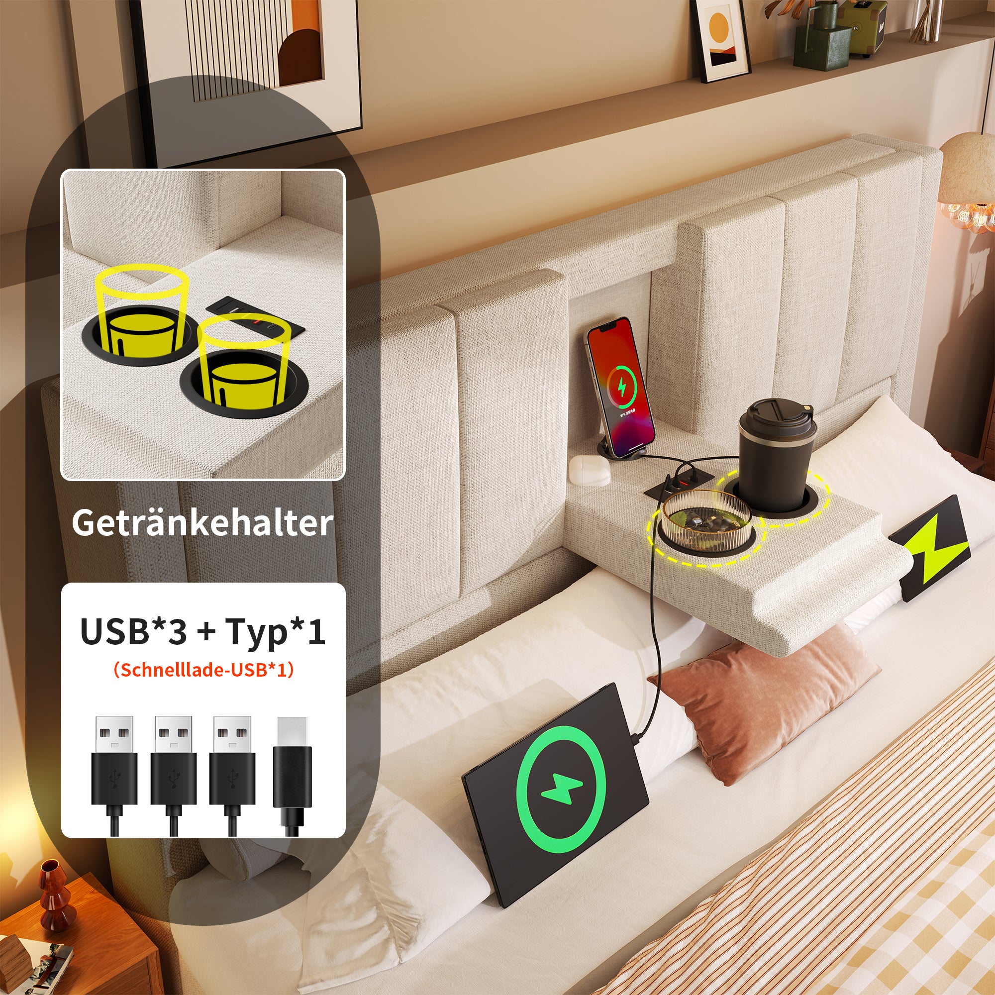 Lit coffre 140 x 190 cm avec porte-gobelet caché et station de charge - Tissu en lin et sommier à lattes - Beige (matelas non inclus) - 4