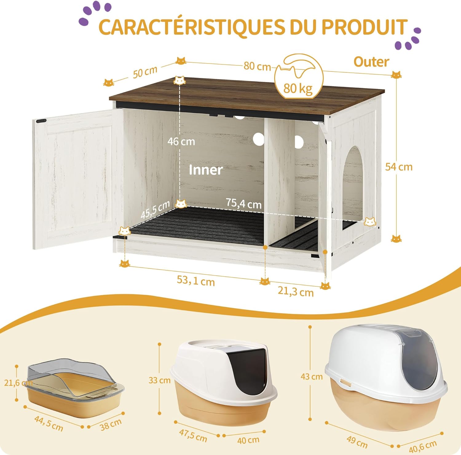 Caixa de areia para gatos, armário para areia com divisória amovível, casota para gatos, entrada reversível (esquerda ou direita), castanho e branco. - 7
