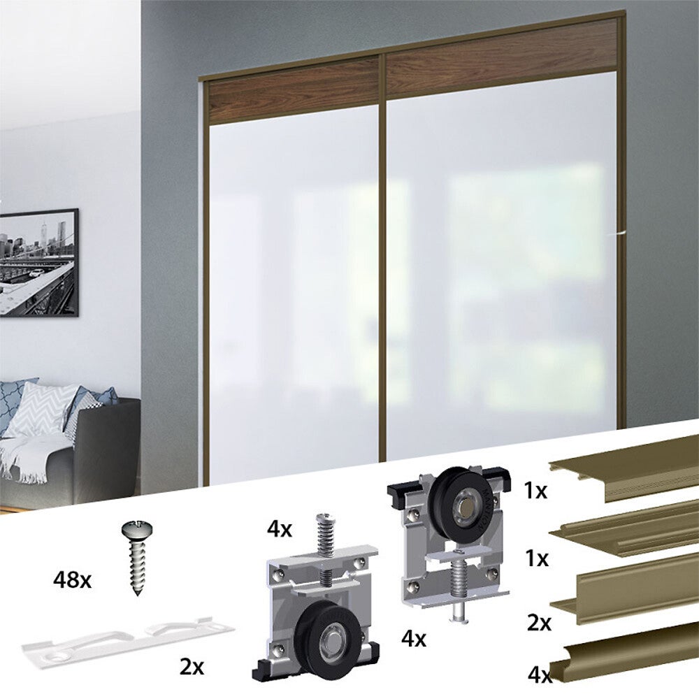 Kit SLID'UP 220 aluminium anodisé bronze pour 2 portes de placard coulissantes 18 mm - rail 1,8 m - 70 kg - 2