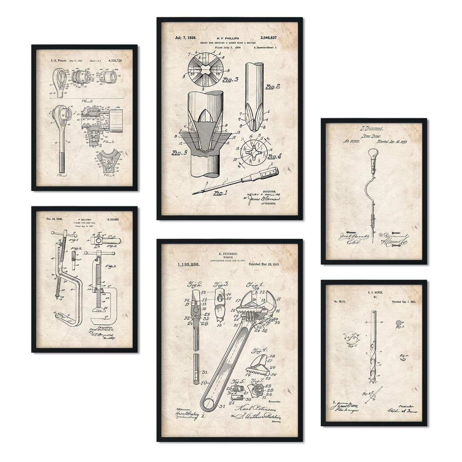 Set de 6 láminas de patentes herramientas de construccion 1. pósteres con dibujos retro de inventos antiguos para tu hogar. tamanos a4 y a3 sin marco