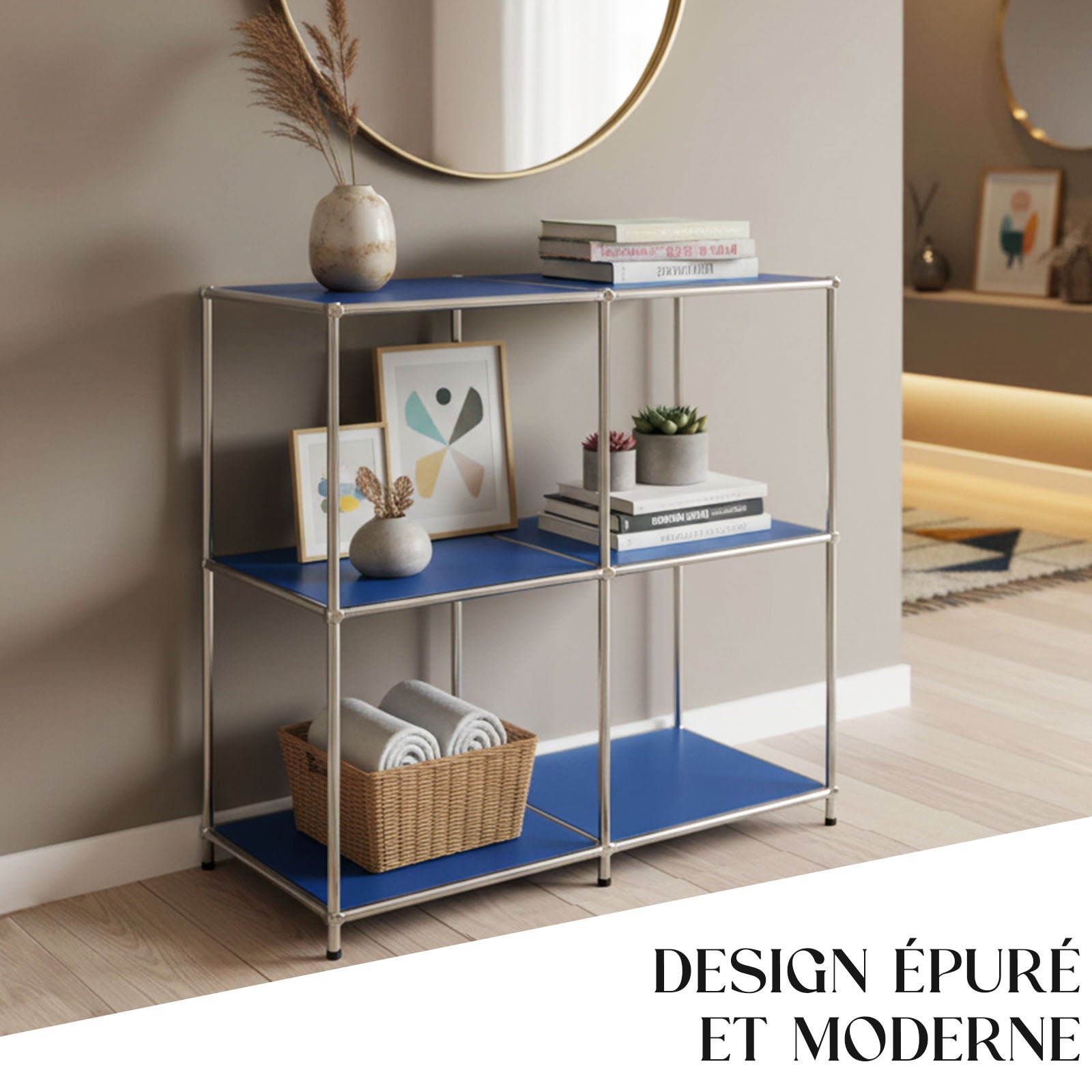 Étagère métal chromé design épuré, Concept Epuré MK-027 : 3 étages, 78 x 40 x 82 cm, Bleu - 7