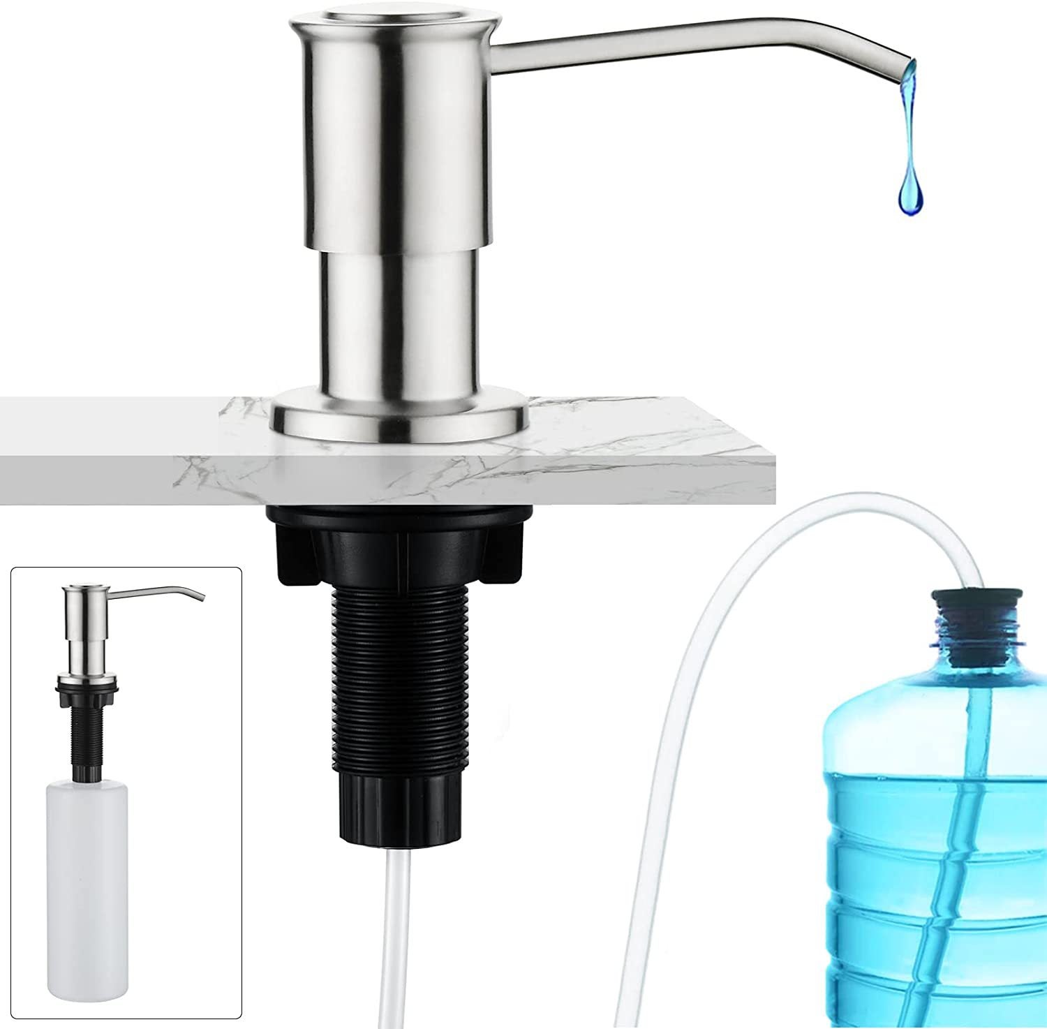 Dozownik mydła do zabudowy w kolorze szczotkowanego srebra, dozownik mydła do zlewu kuchennego, dozownik mydła do zabudowy z butelką 500 ml i zestawem