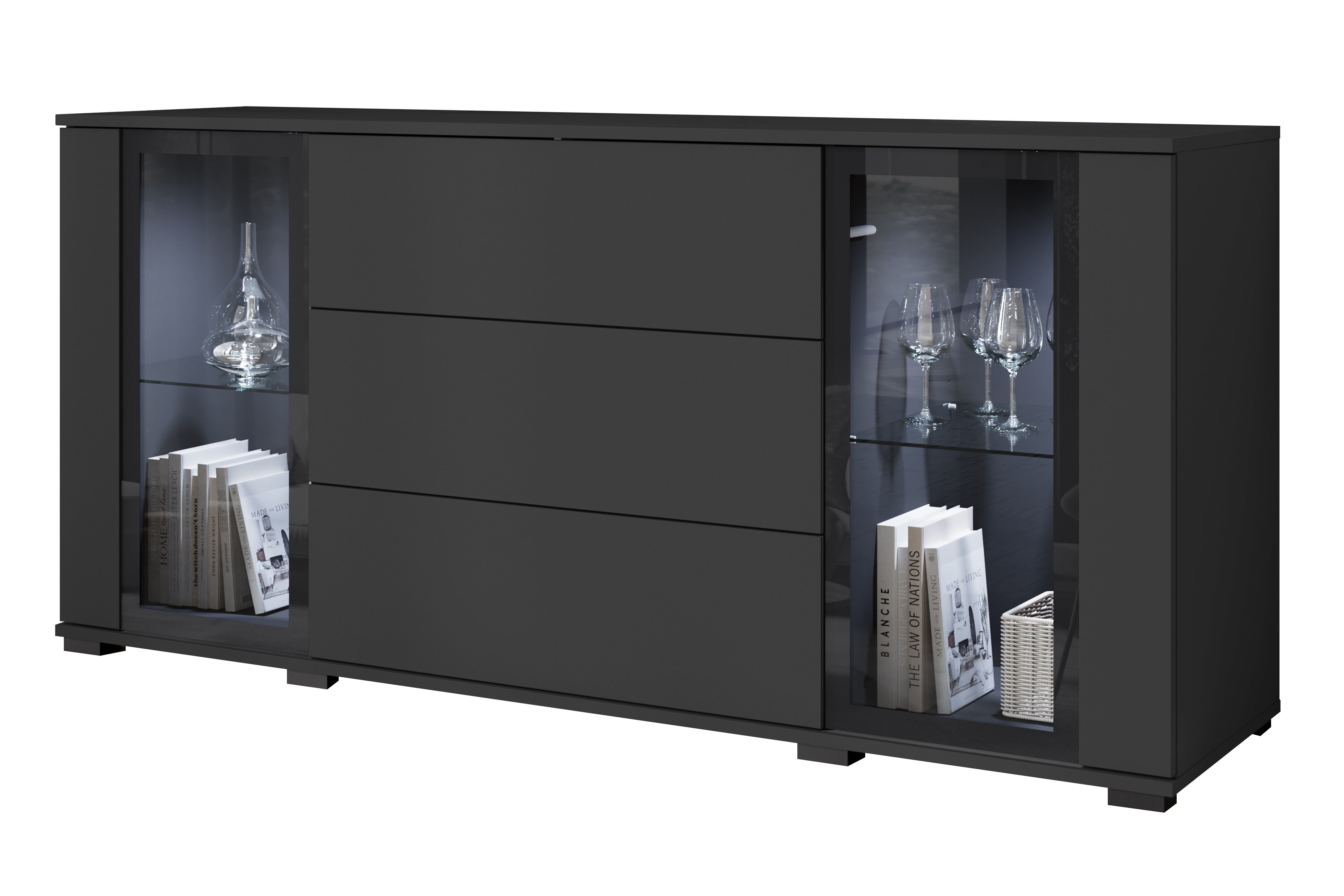 MINIO go for it, Witryna z szufladami FARO 150 cm czarny z oświetleniem LED