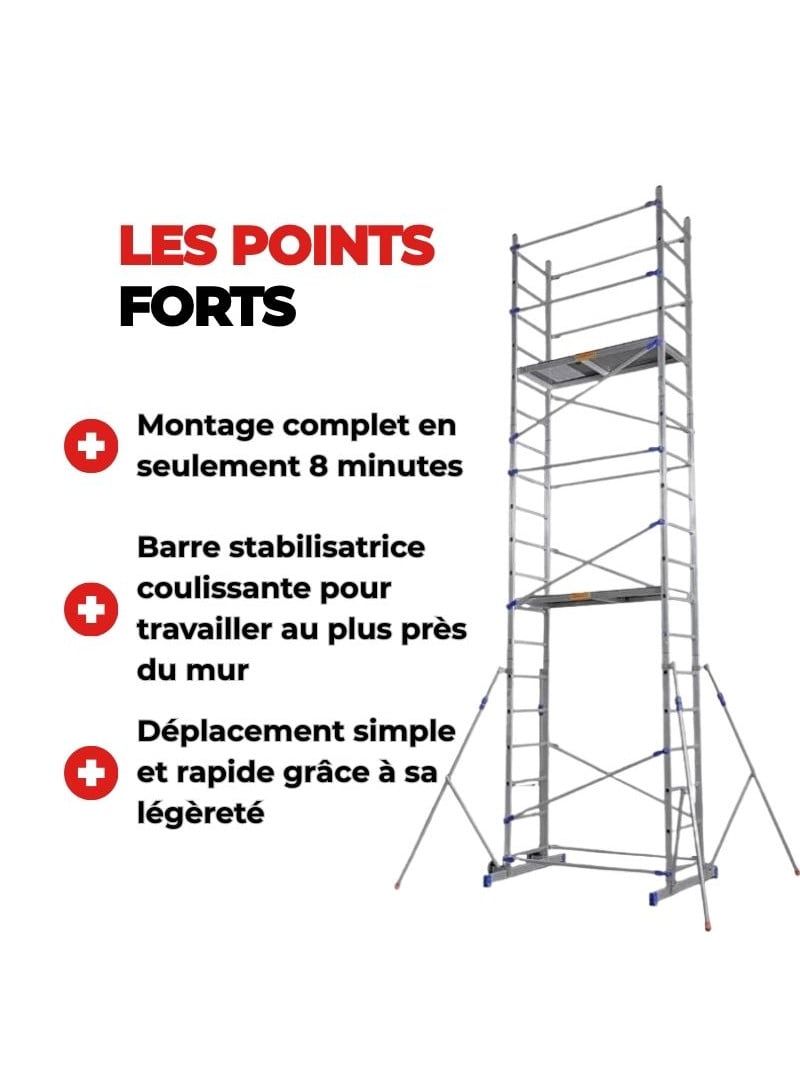 FACAL - Échafaudage sur échelle roulant aluminium Clic Clac – Longueur 1,56 m – Hauteur max 4,46 m - L 1,56 x l 0,58 m - 2