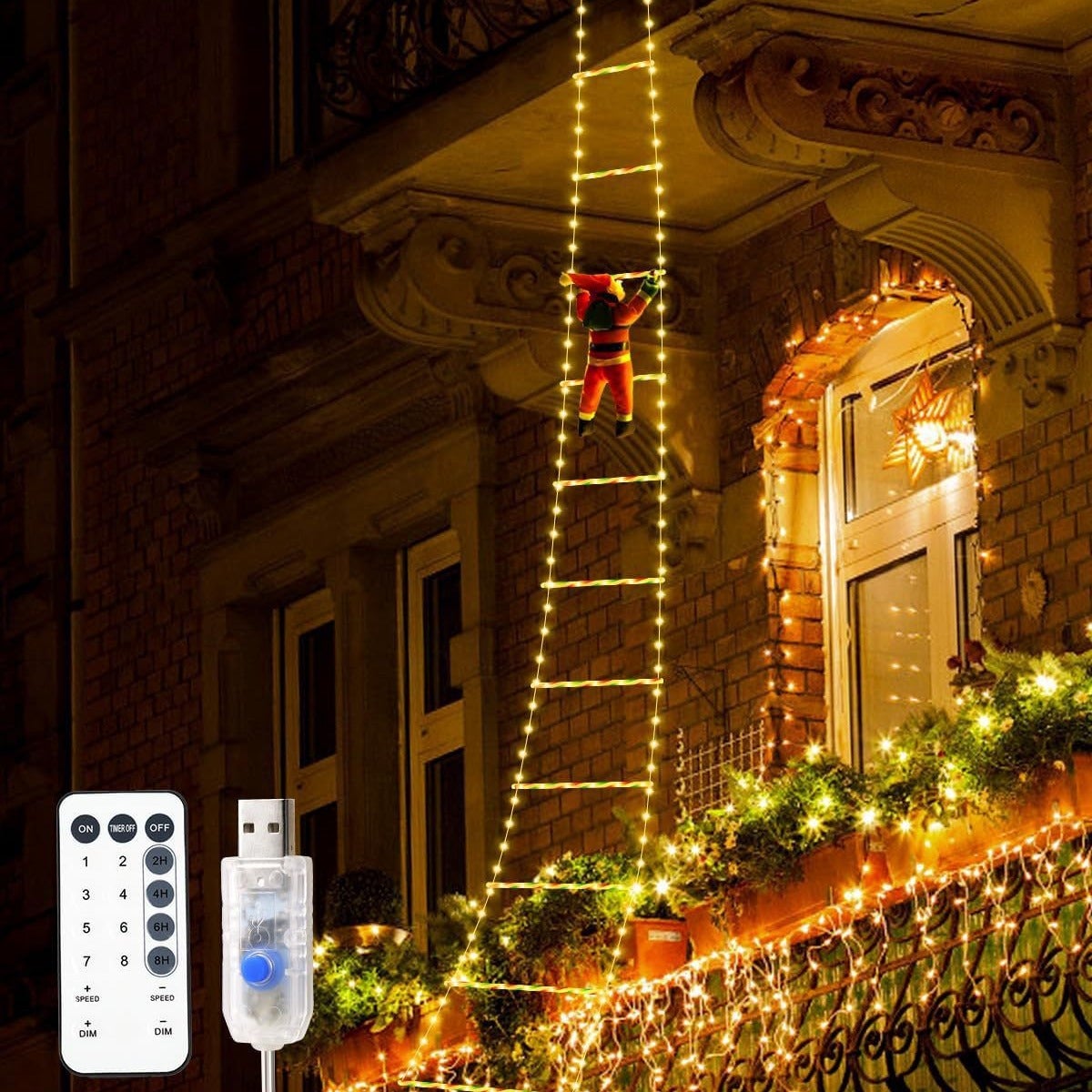 Décoration De Noël Père Noël Grimpant Sur échelle Avec LED - Suspension Lumineuse