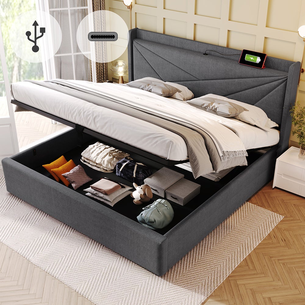 Lit coffre Lit double rembourré Lit de rangement Tête de lit avec fonction de chargement USB Cadre de lit en lin Lit 160x200 cm Gris - 5