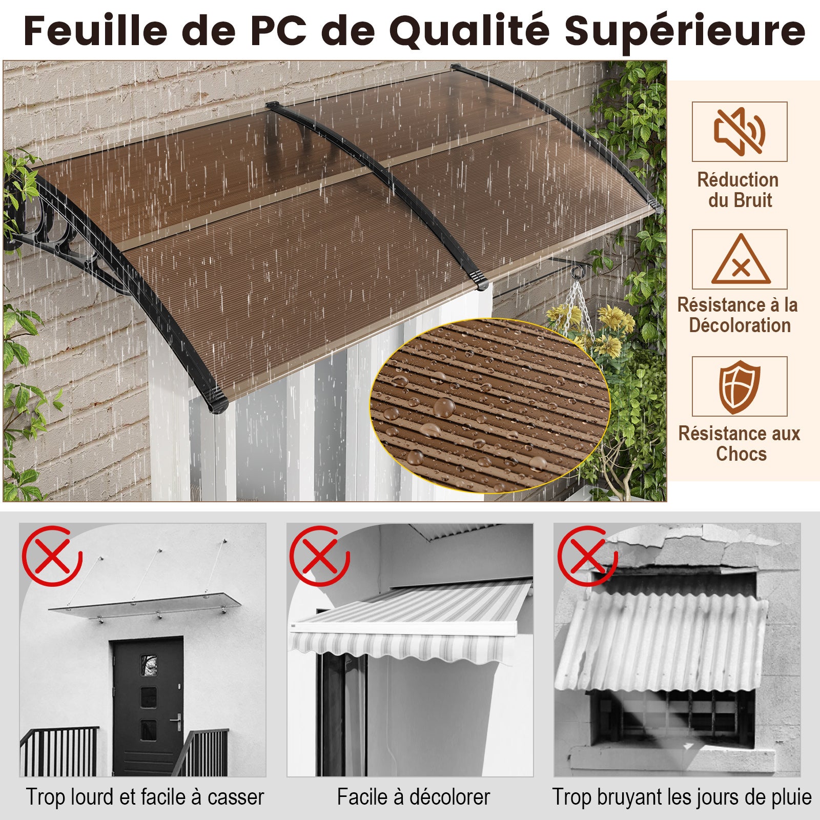 Toldo para porta de entrada 199 x 99 cm Proteção solar, marquise para porta e janela Placa em policarbonato Proteção contra chuva, castanho - 7