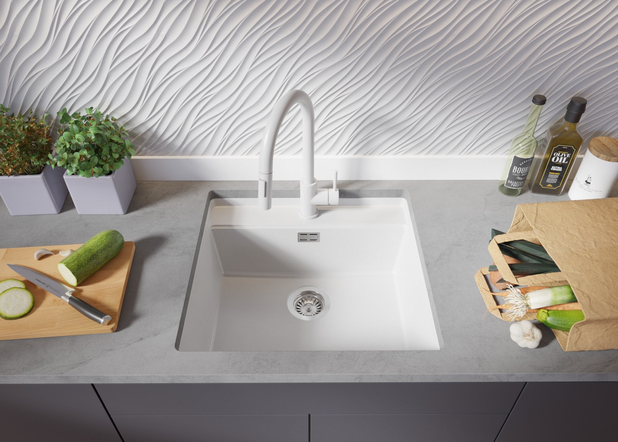 Lavello sottotop Bianco 56x53cm, Lavandino in Granito a 1 vasca + Sifone Classico + Tagliere, Lavabo da Cucina al mobile 60cm - Bergen PRIMAGRAN - 3