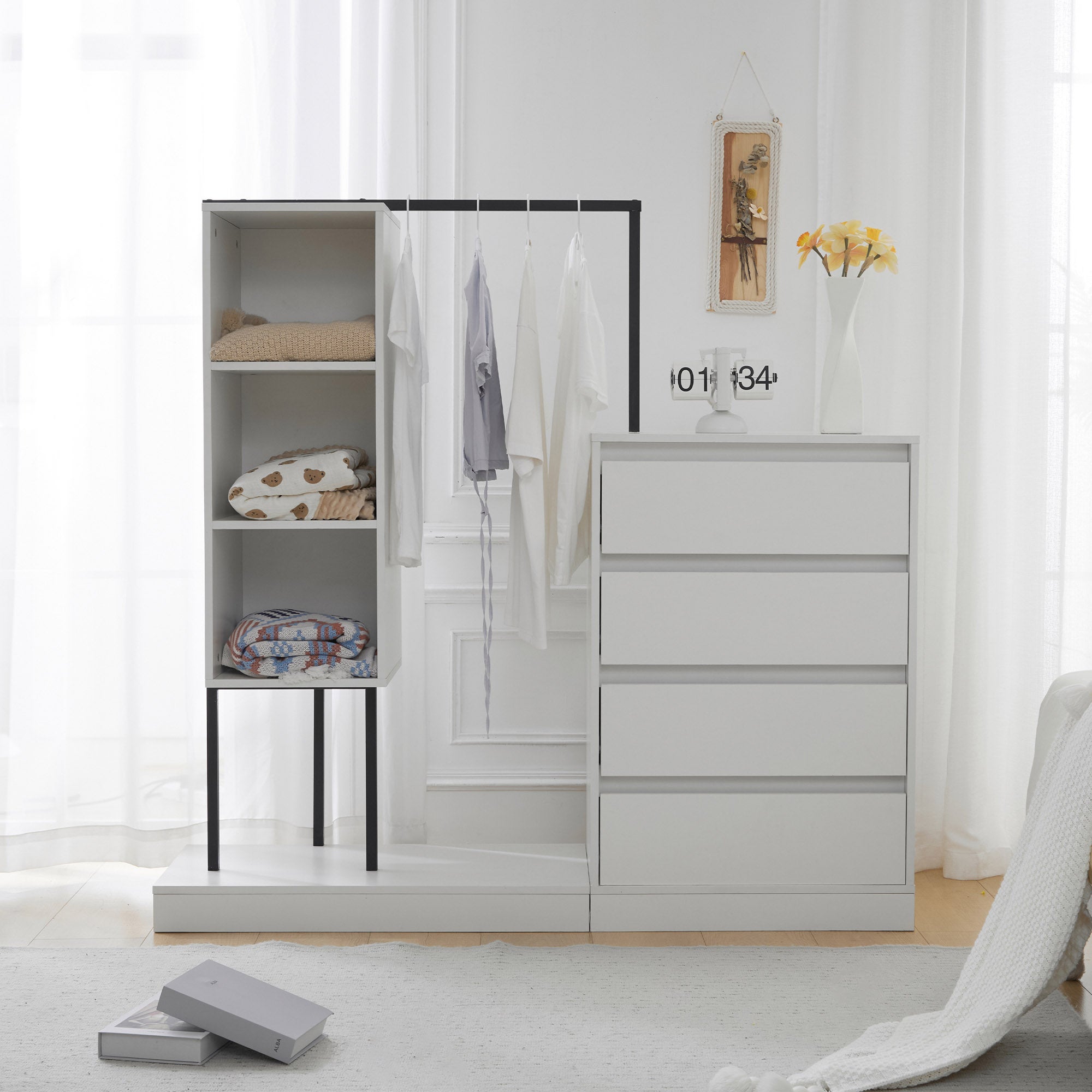 Armoire de chambre blanche avec tringle à vêtements, avec rangements et