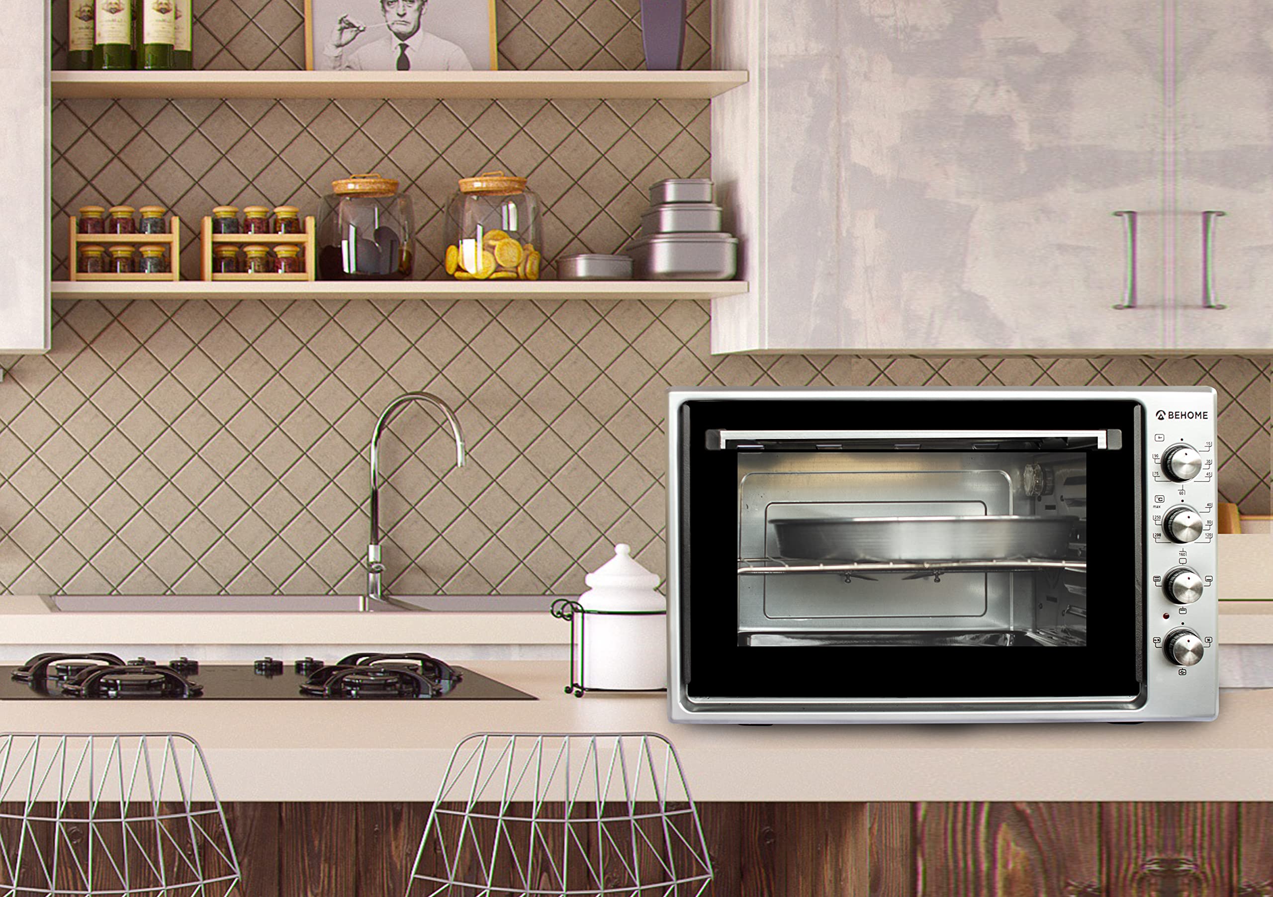 Four Électrique Behome 60 Litres Ventilé Autonettoyant - Émaillé Jusqu'à 320°C, Double Verre, Lumière Intérieure, Minuterie, 2 Plaques Et Grille - Argent