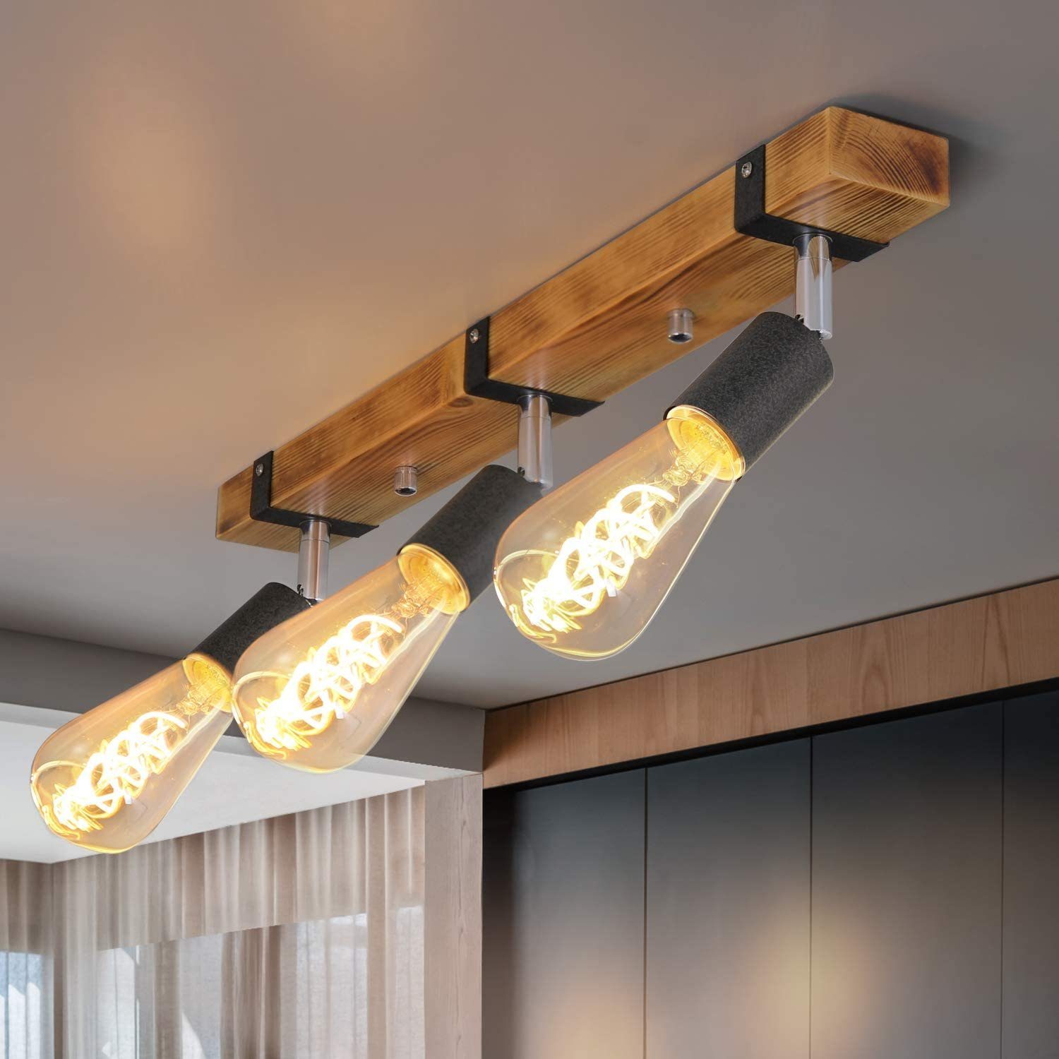 ZMH 3 Spoty E27 max 25 watów 55 cm Retro drewniana lampa sufitowa Drewniany reflektor z regulowaną i obrotową żarówką odpowiedni do korytarzy