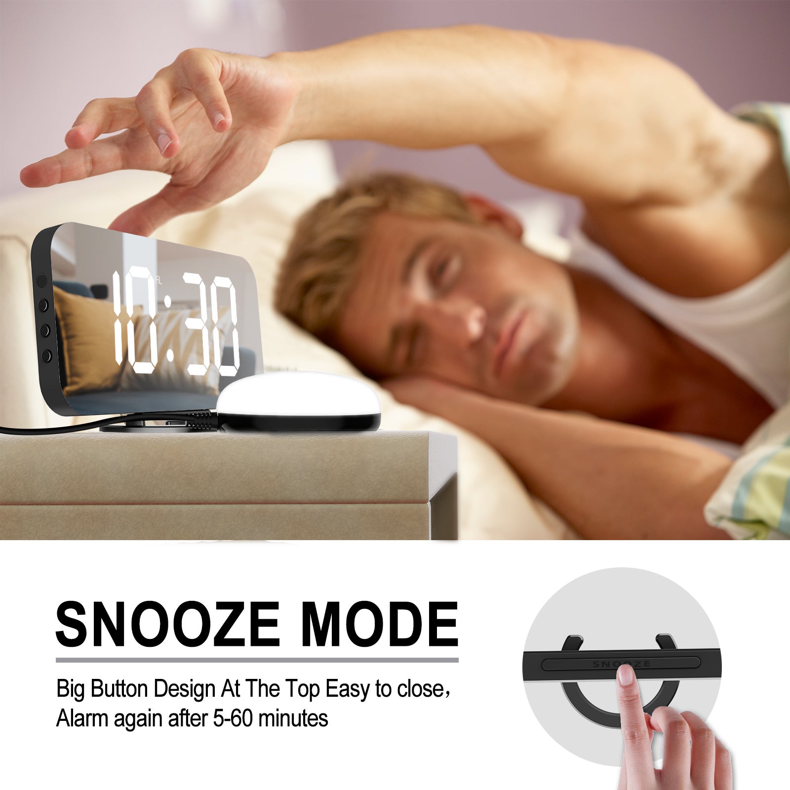 Sveglia digitale ad alto volume per adulti con sonno pesante con scuotiletto, luce LED regolabile, snooze, sveglia, orologio per camera da letto, nero - 6