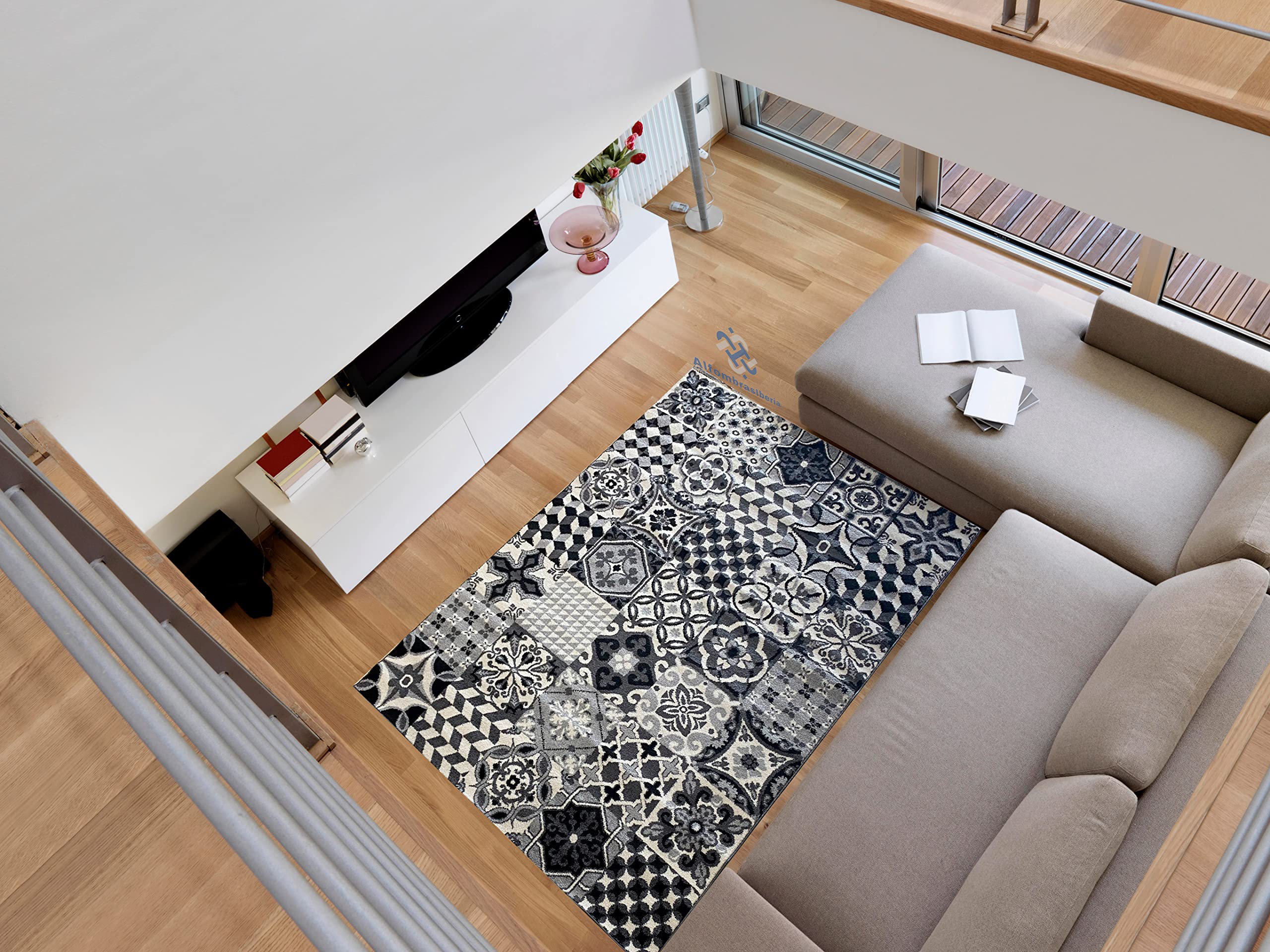 Alfombra moderna diseño mosaico | pelo corto lavable | ideal para salón, dormitorio, sala, comedor o habitaciones grandes (135 x 190 cm, negro)