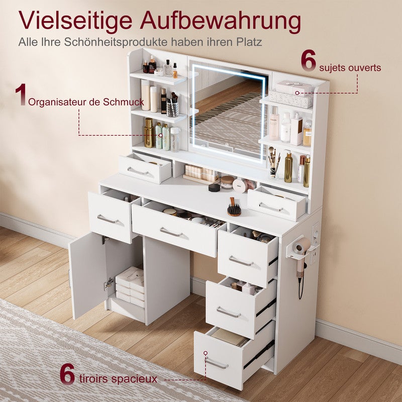 Coiffeuse avec Miroir LED, 3 Couleurs, Meuble de rangement, Coiffeuse de chambre, 7 tiroirs 1 porte, Style Moderne, 110x40x140 cm, 7 Étagères, Blanc - 5